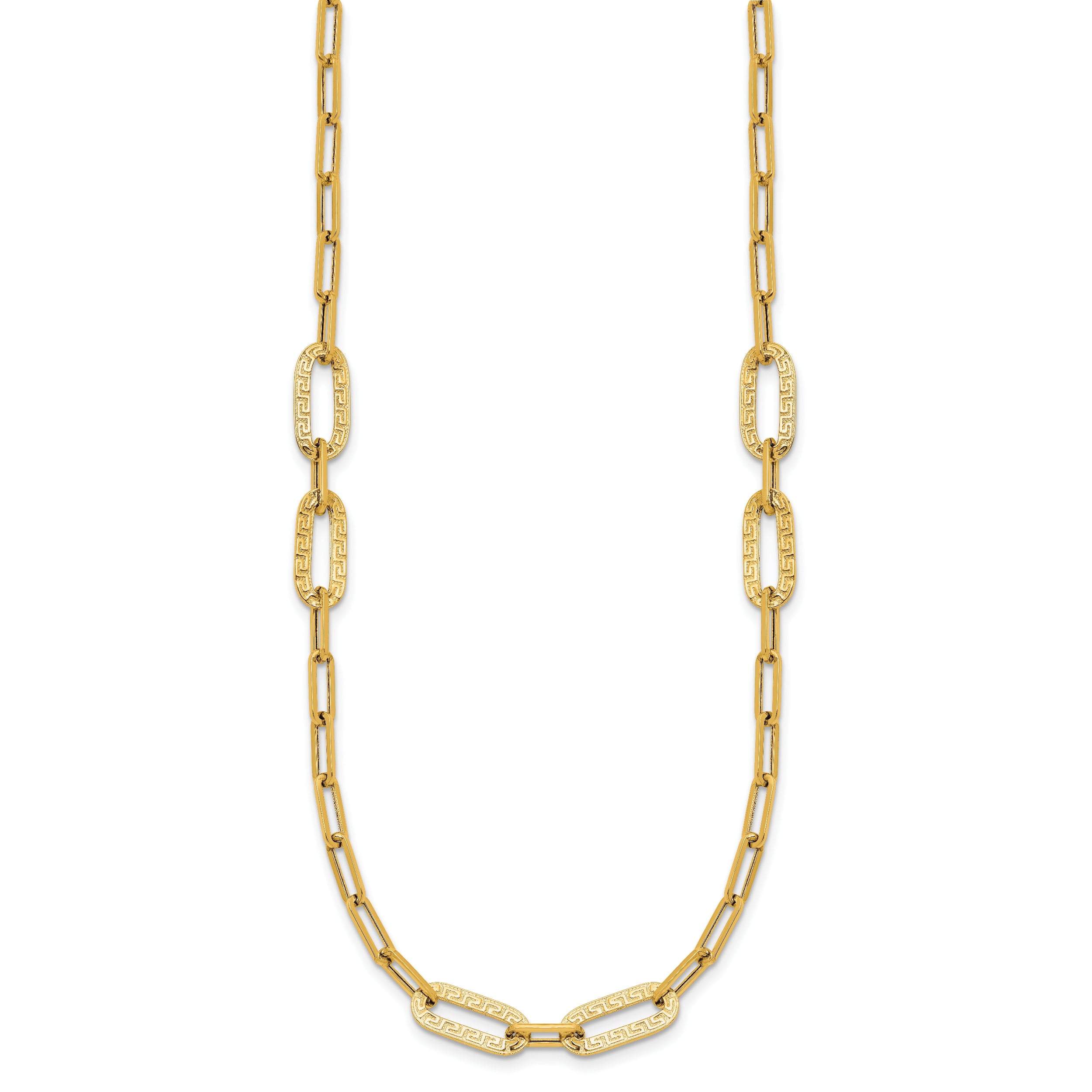 14K Polished Textured Greek Key Paperclip Link Necklace