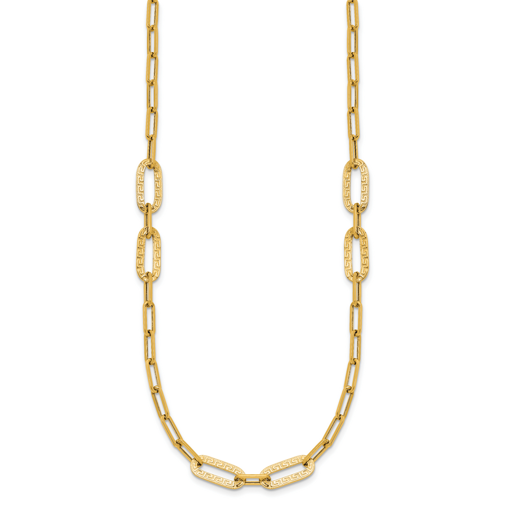 14K Polished Textured Greek Key Paperclip Link Necklace