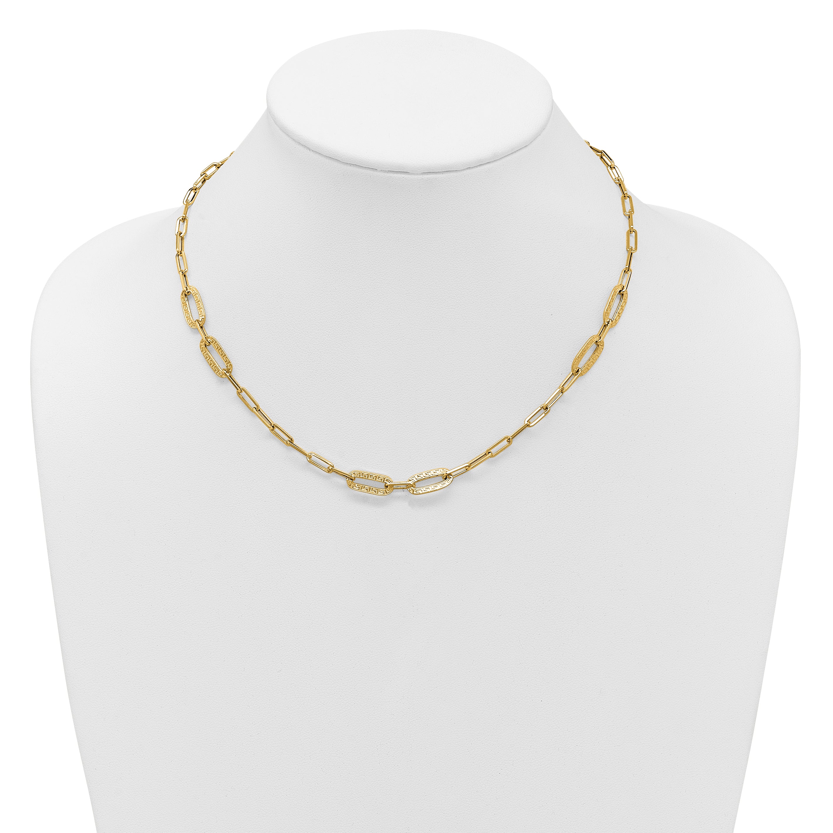 14K Polished Textured Greek Key Paperclip Link Necklace