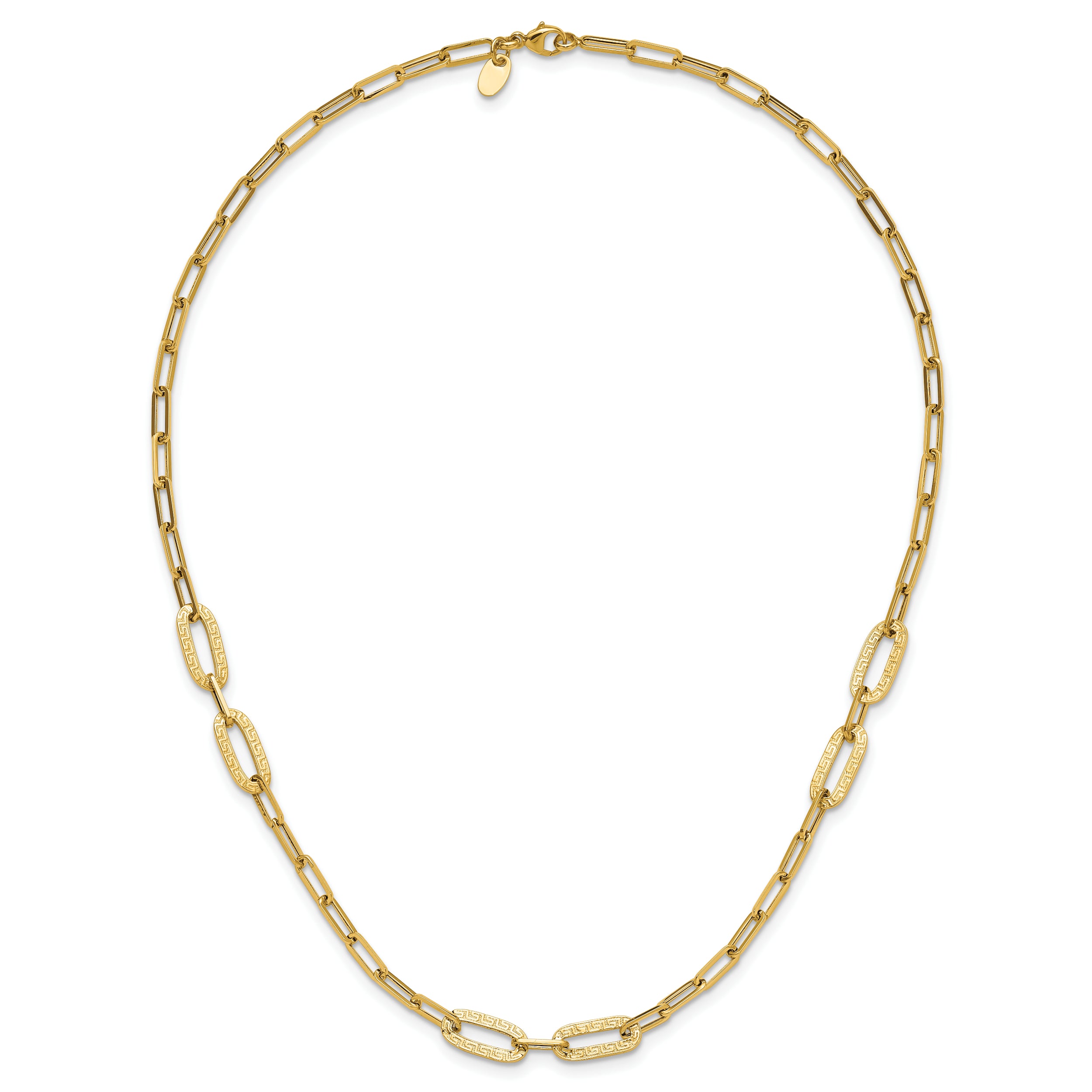 14K Polished Textured Greek Key Paperclip Link Necklace