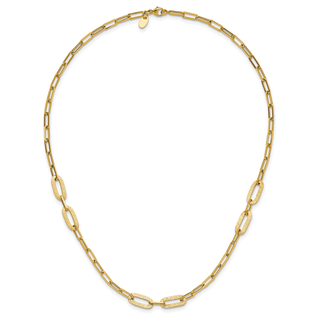 14K Polished Textured Greek Key Paperclip Link Necklace
