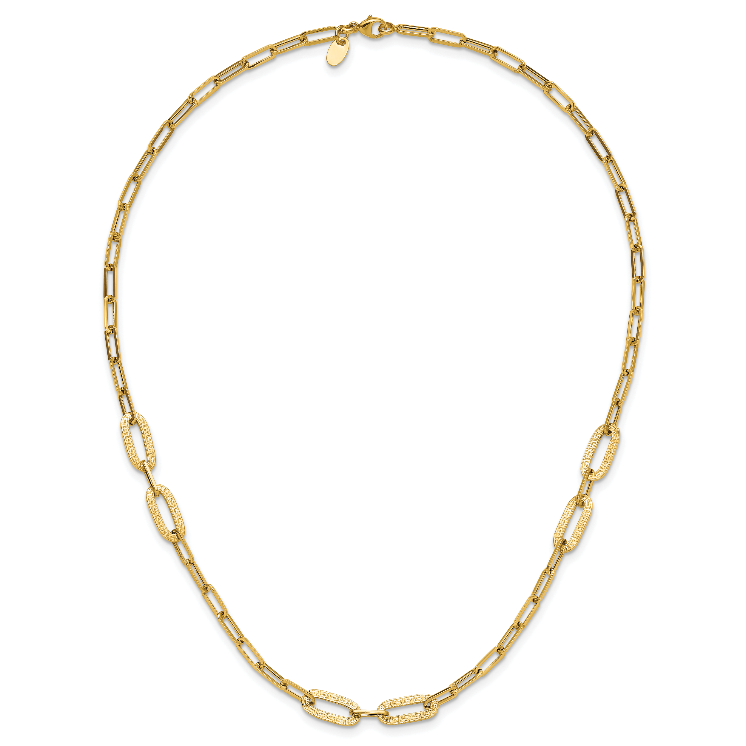 14K Polished Textured Greek Key Paperclip Link Necklace