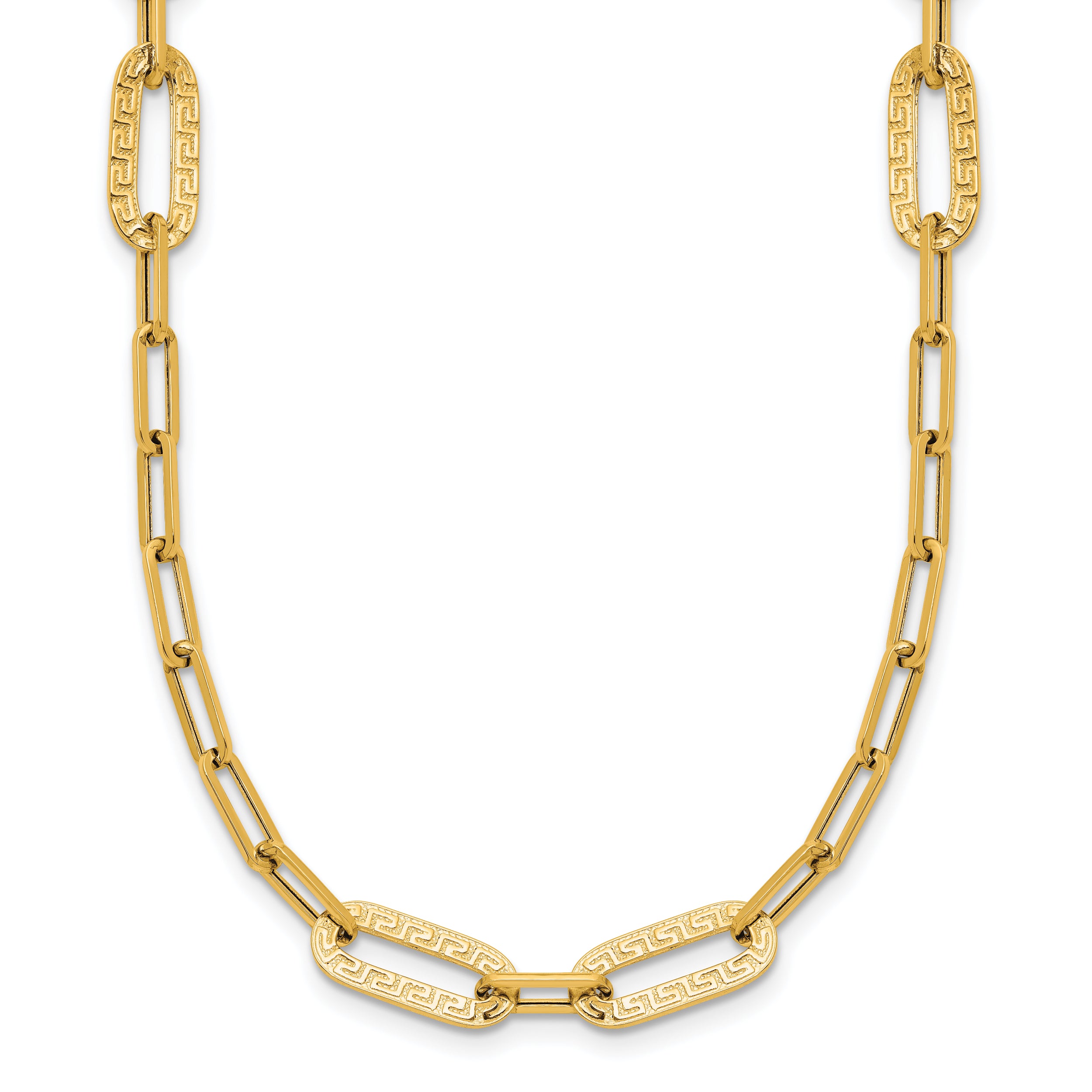 14K Polished Textured Greek Key Paperclip Link Necklace