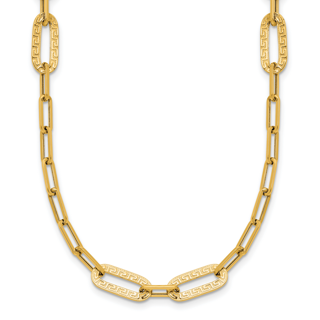 14K Polished Textured Greek Key Paperclip Link Necklace