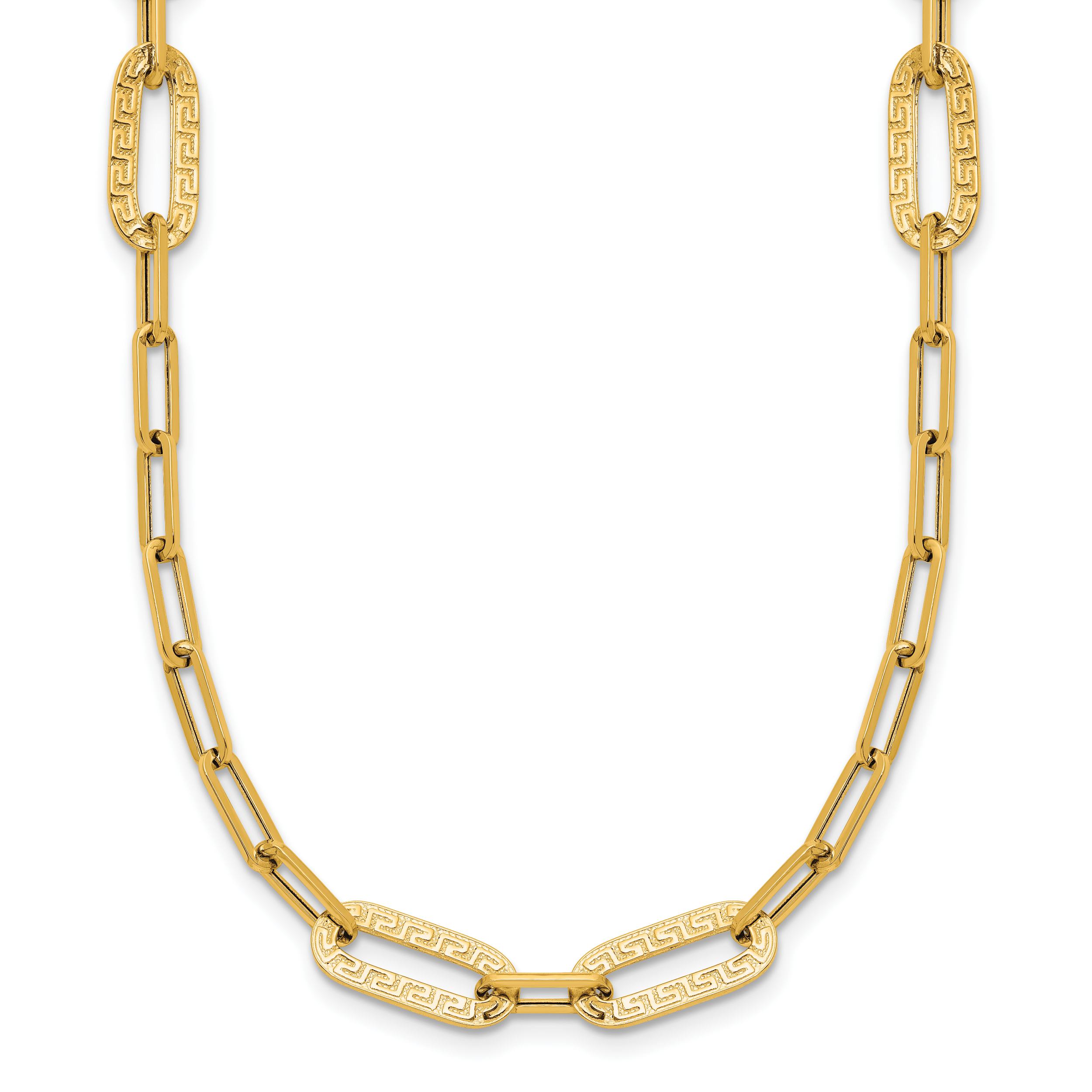 14K Polished Textured Greek Key Paperclip Link Necklace