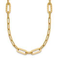 14K Polished Textured Greek Key Paperclip Link Necklace