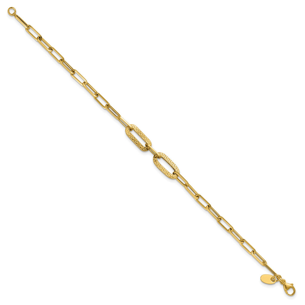 14K Polished Textured Greek Key Paperclip Link Bracelet