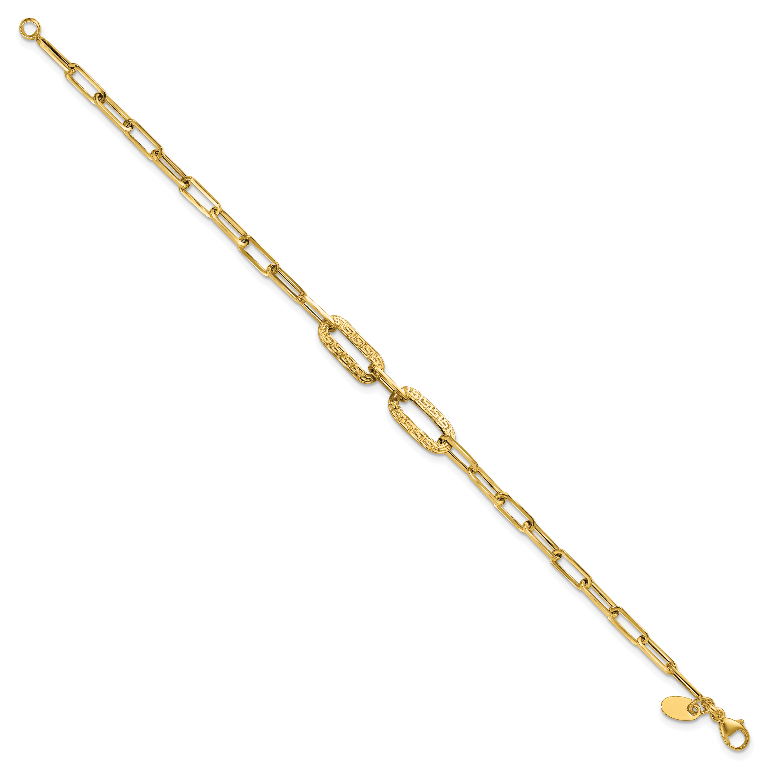 14K Polished Textured Greek Key Paperclip Link Bracelet