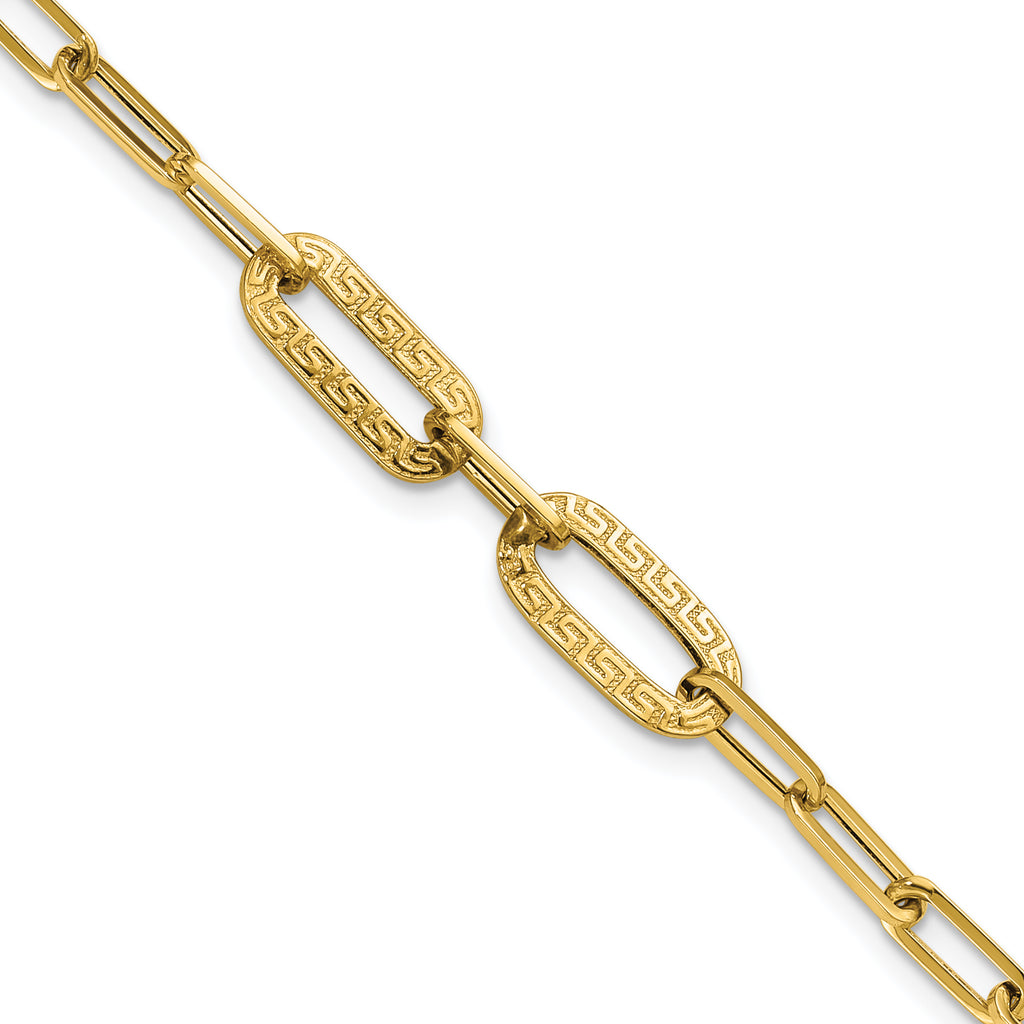 14K Polished Textured Greek Key Paperclip Link Bracelet