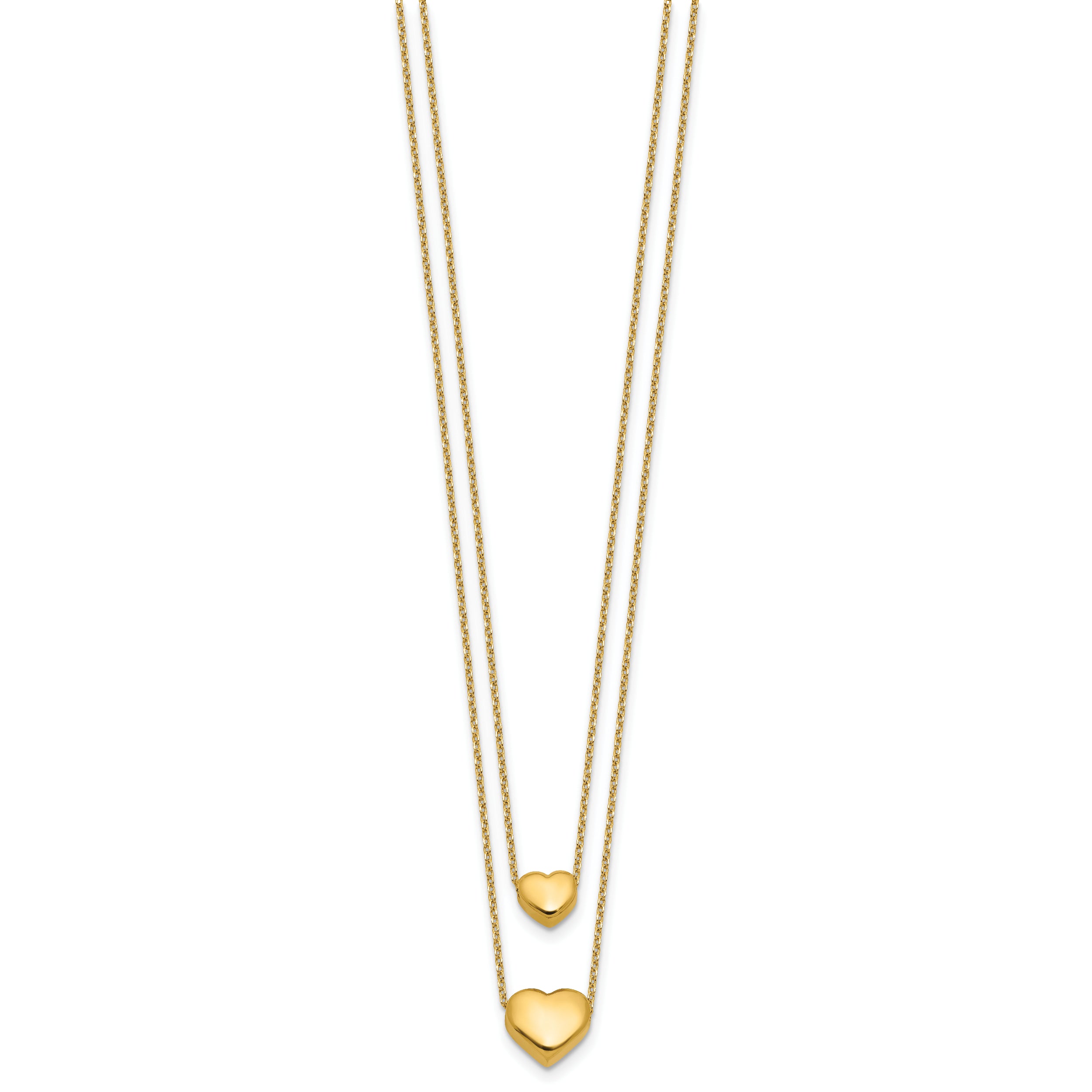 14K Polished Two-Strand Hearts with 1 Inch Ext. Necklace