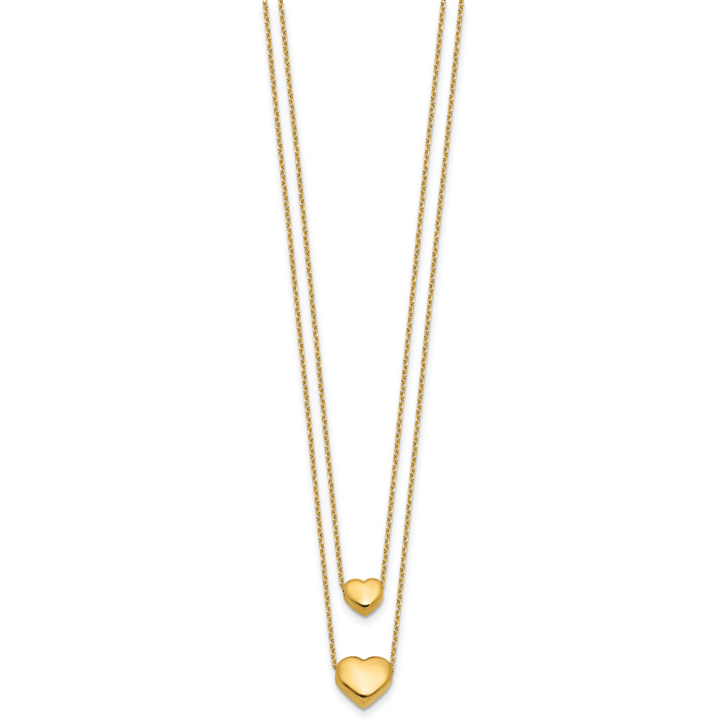 14K Polished Two-Strand Hearts with 1 Inch Ext. Necklace