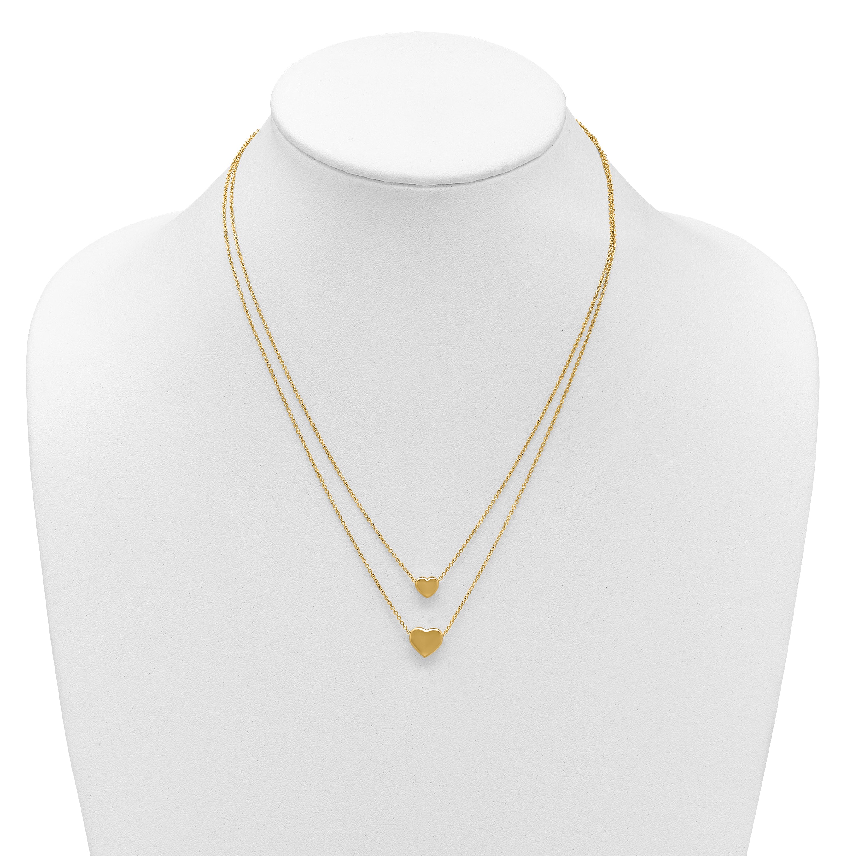 14K Polished Two-Strand Hearts with 1 Inch Ext. Necklace
