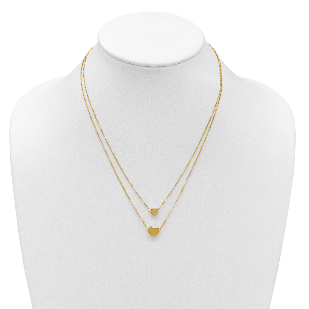 14K Polished Two-Strand Hearts with 1 Inch Ext. Necklace