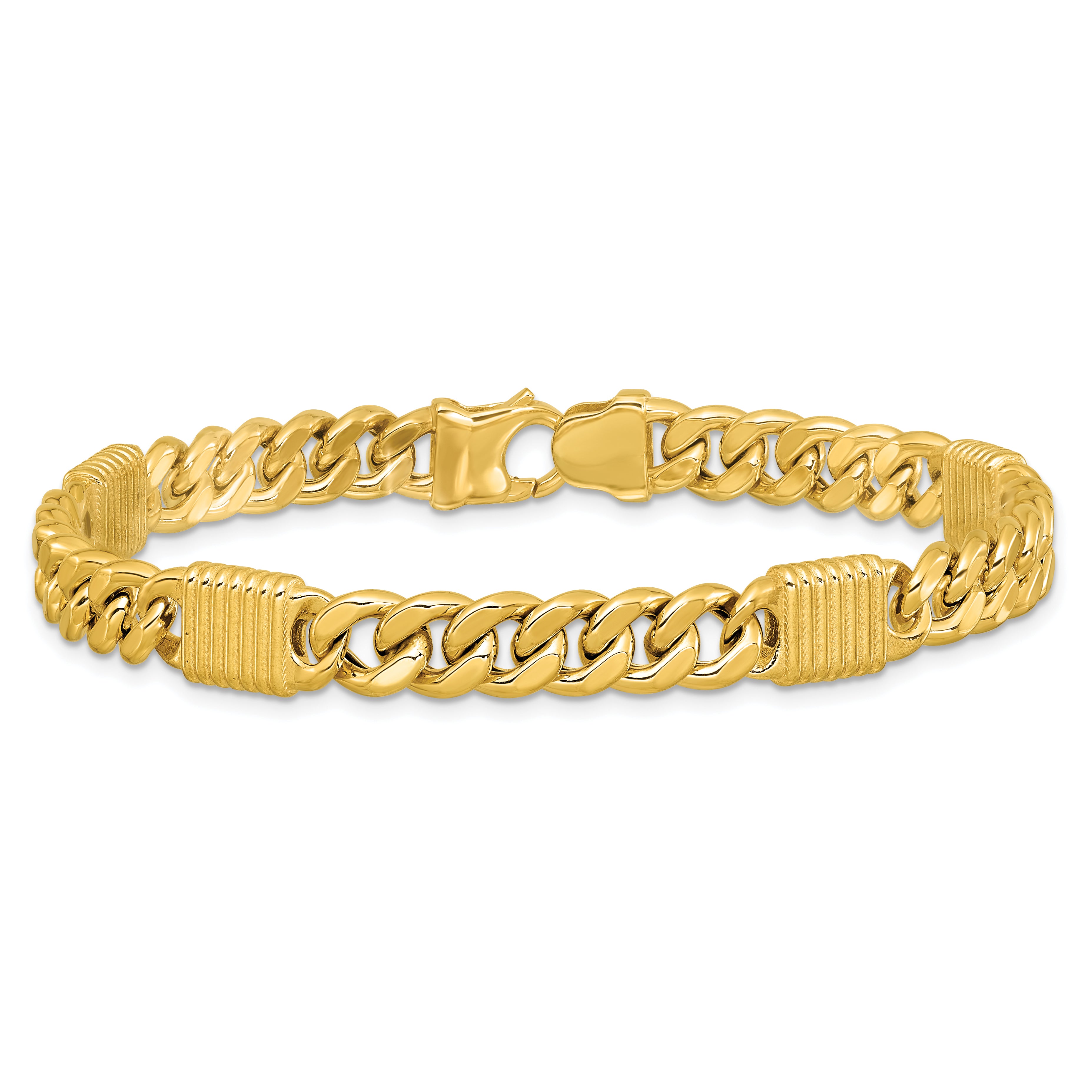 14K Polished/Grooved Fancy Curb Link Station Men's Bracelet