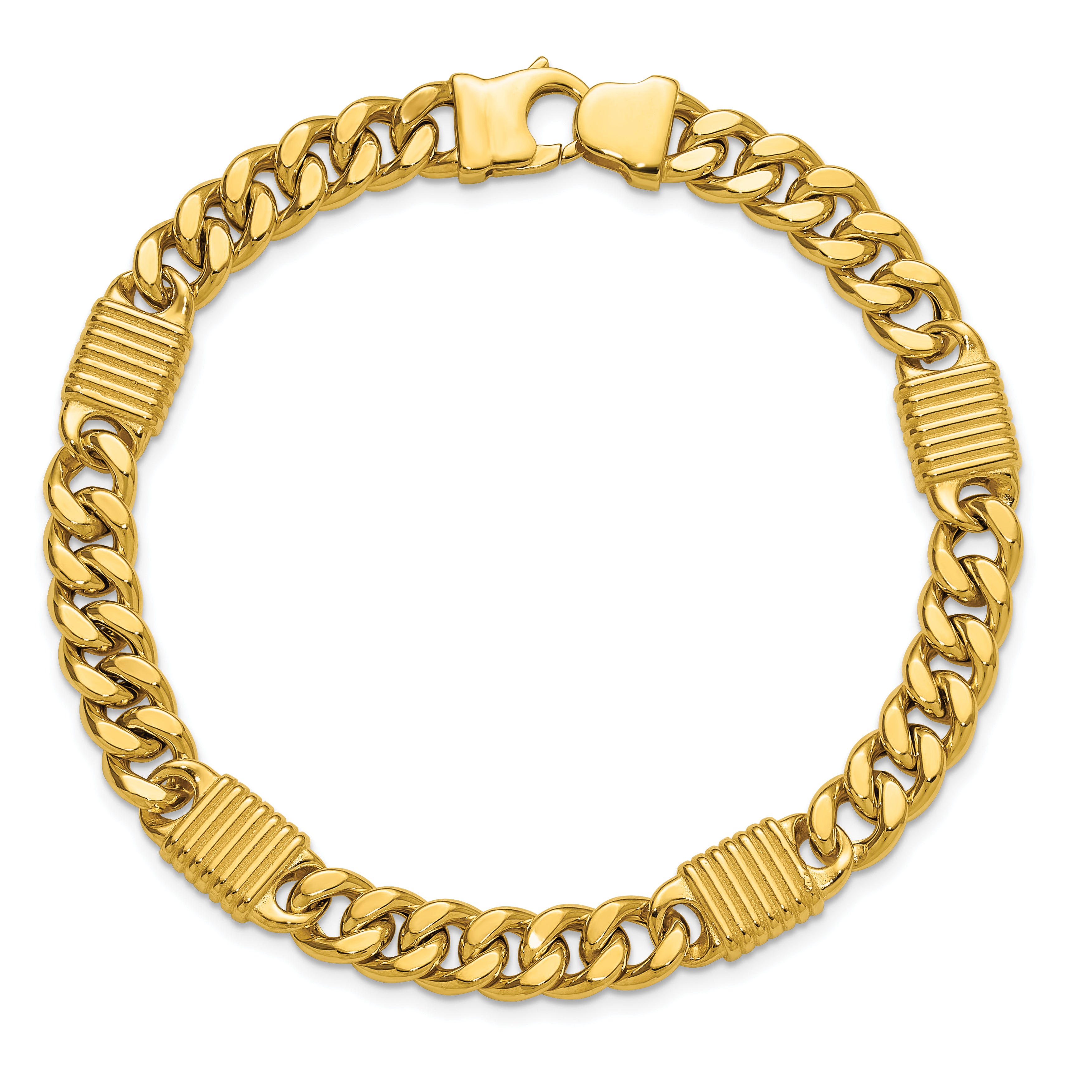 14K Polished/Grooved Fancy Curb Link Station Men's Bracelet