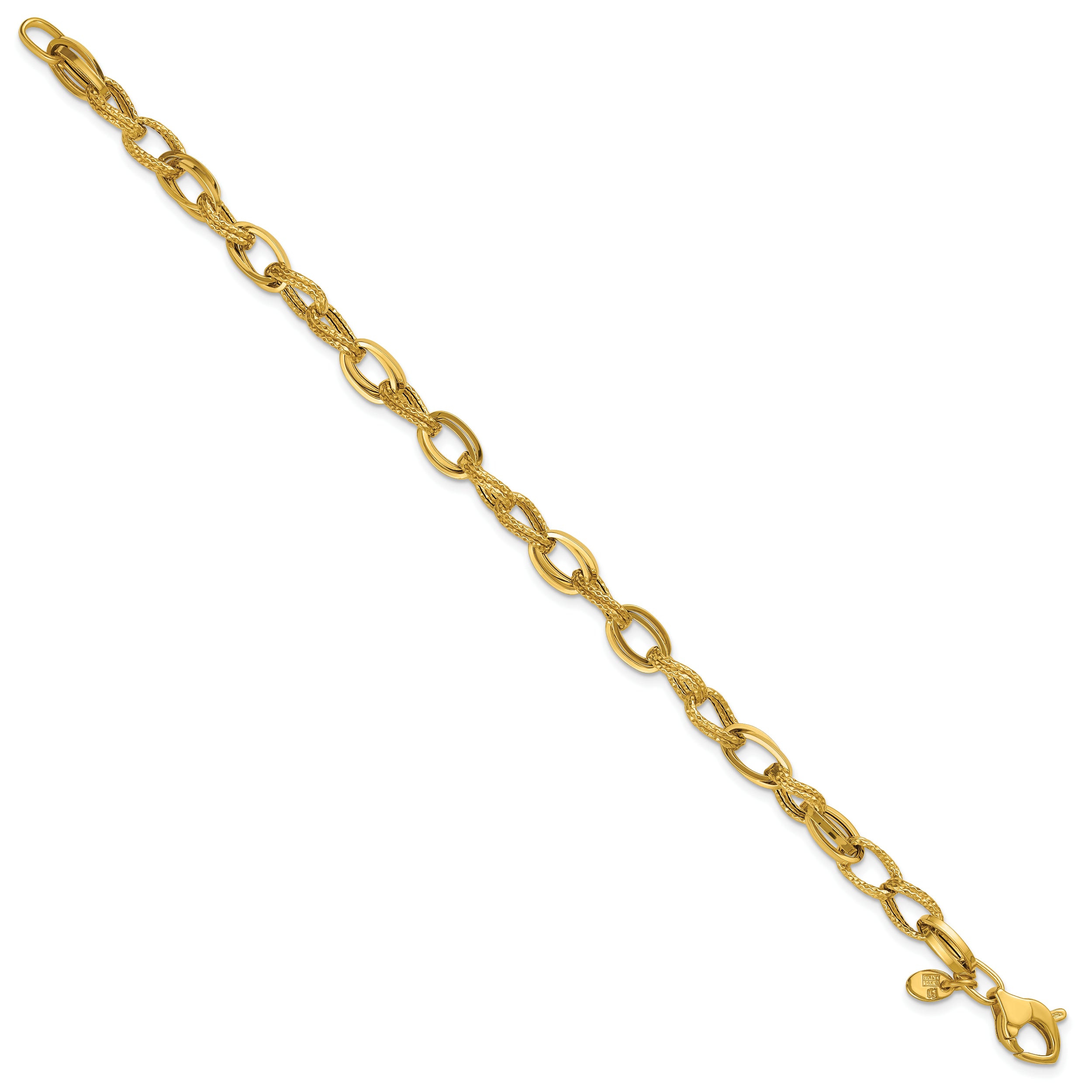 14K Polished and Textured Fancy Oval Link Bracelet