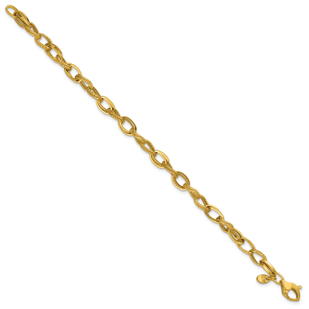 14K Polished and Textured Fancy Oval Link Bracelet