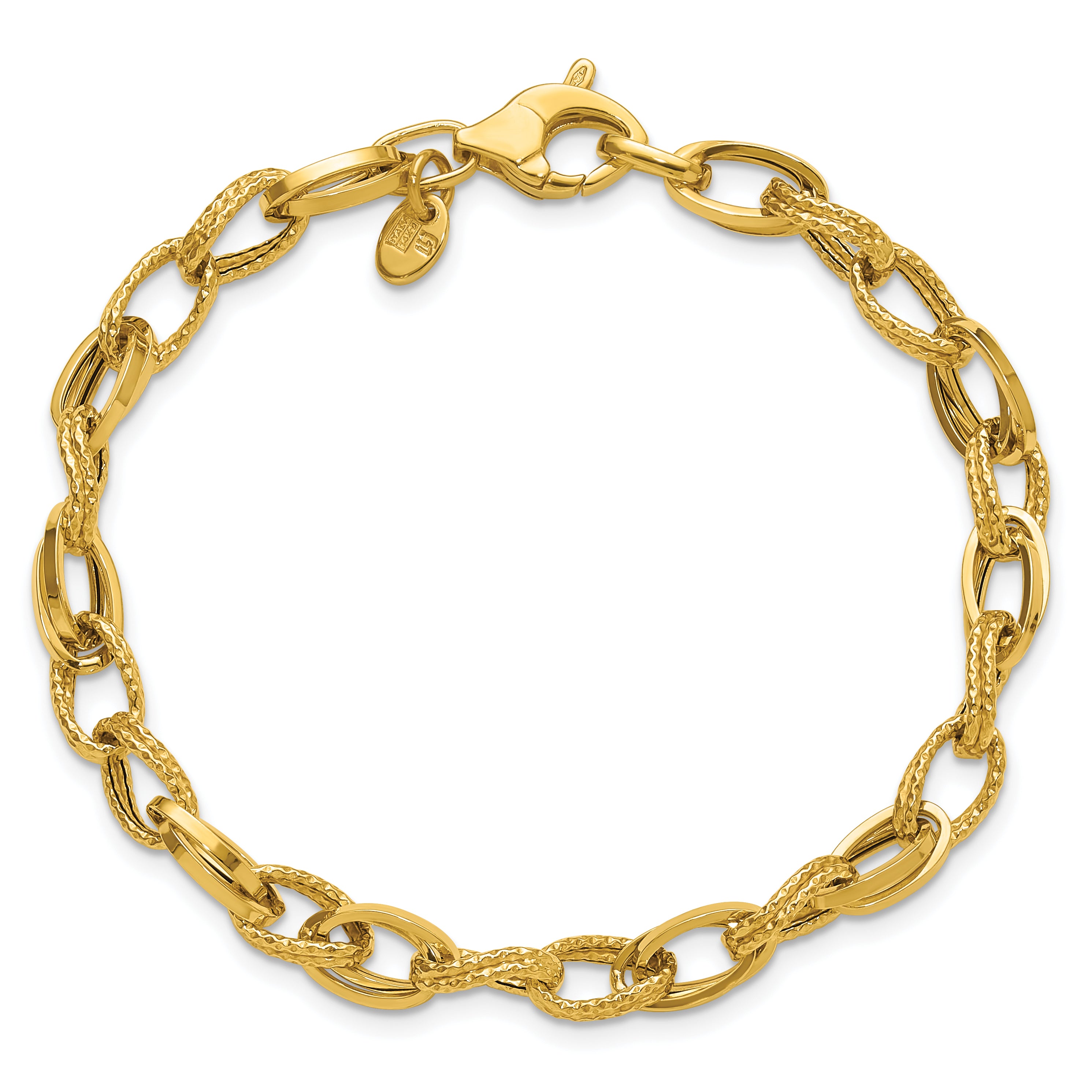 14K Polished and Textured Fancy Oval Link Bracelet