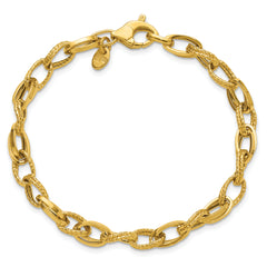 14K Polished and Textured Fancy Oval Link Bracelet