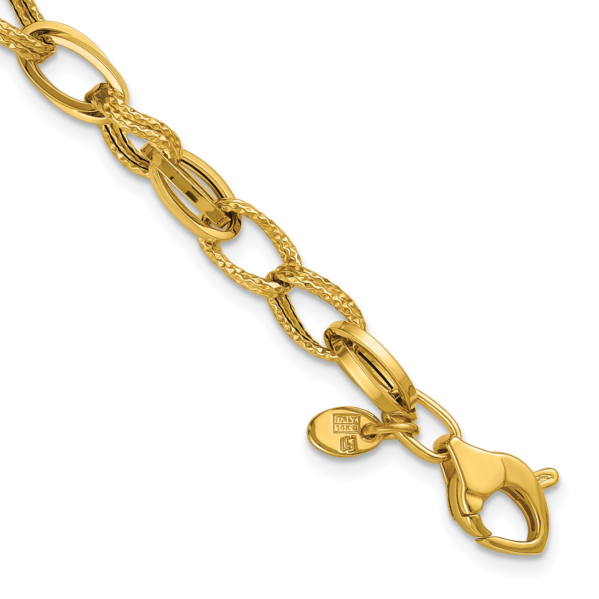14K Polished and Textured Fancy Oval Link Bracelet