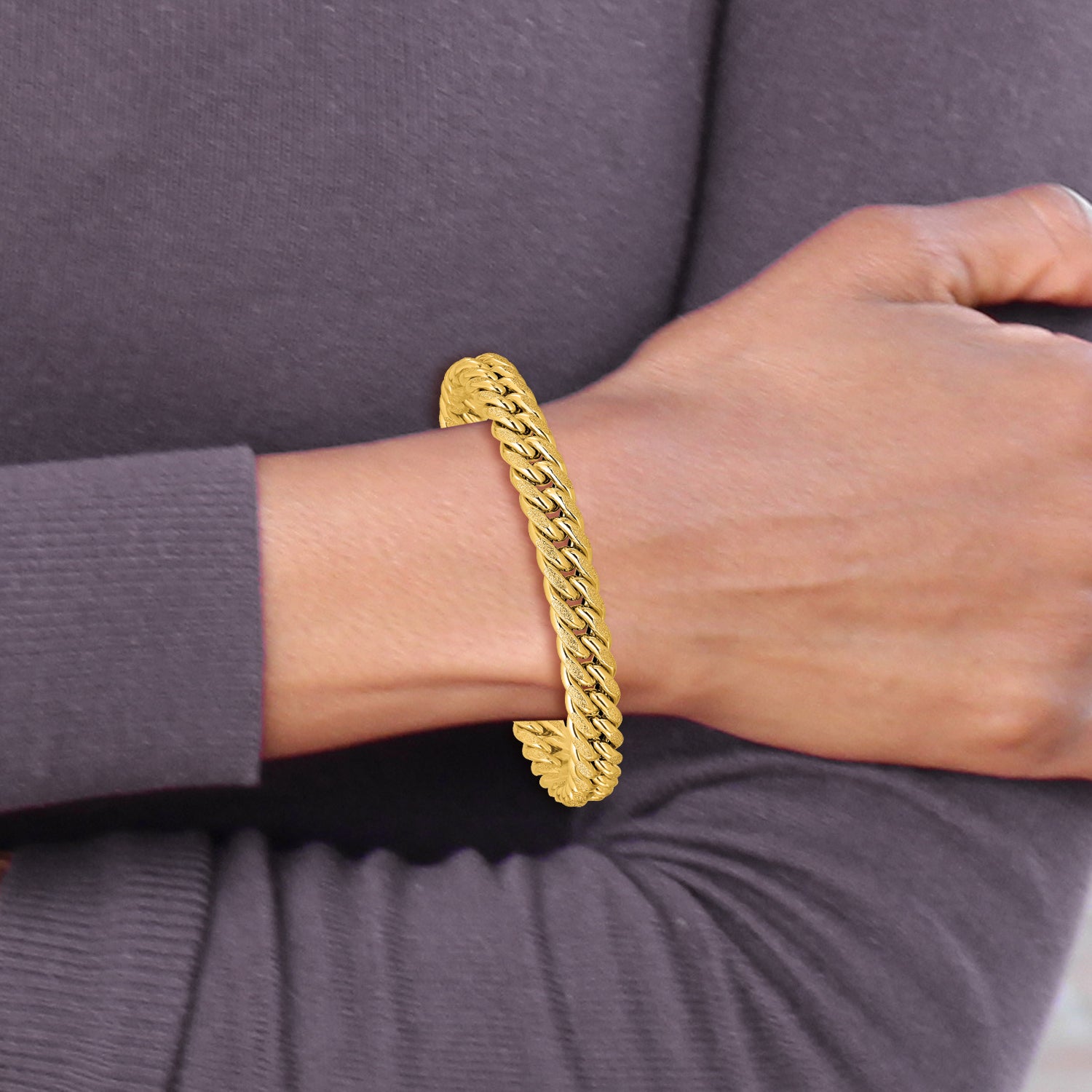 14K Polished and Textured Fancy Curb Bracelet