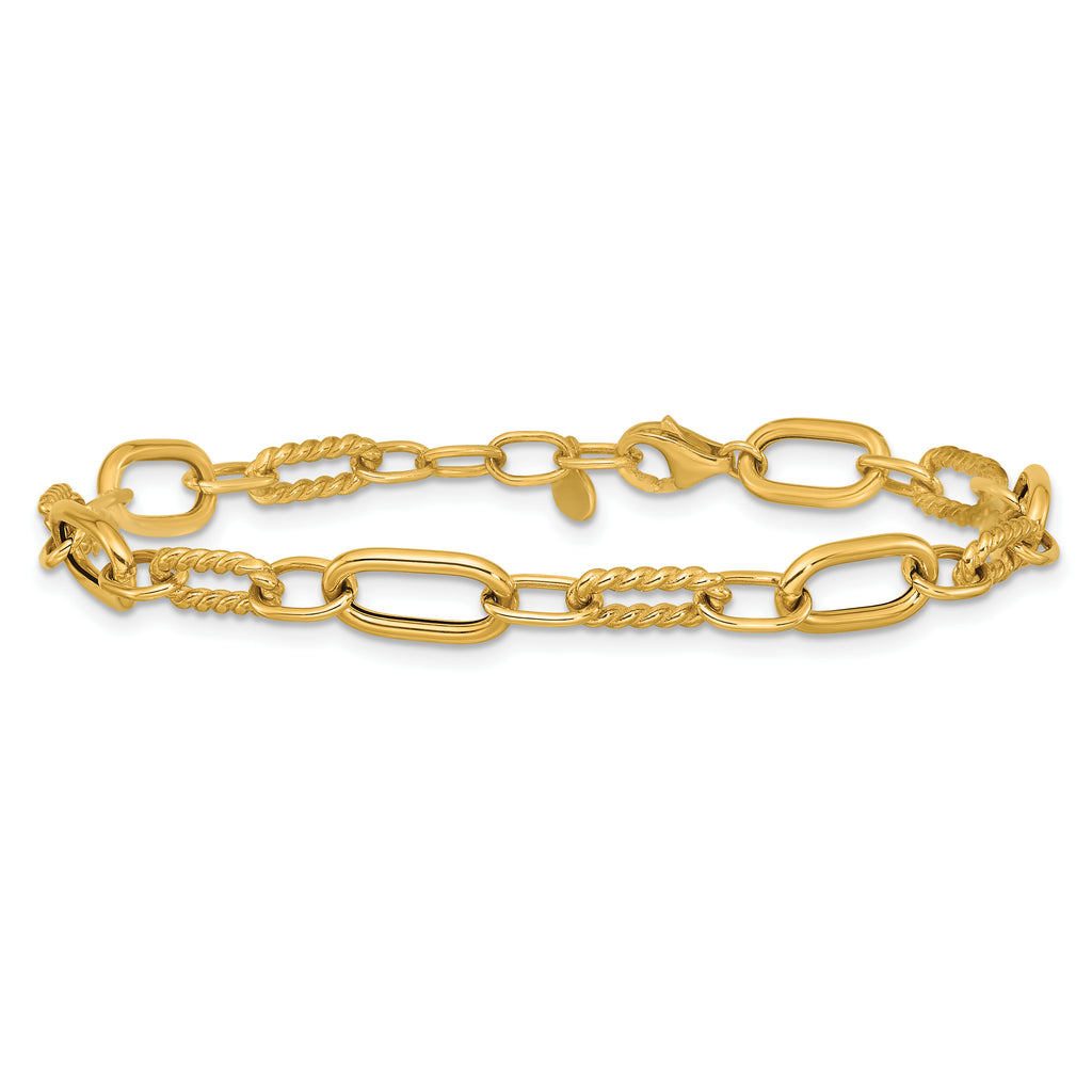 14K Polished and Twisted Fancy Link w/.5in ext. Bracelet