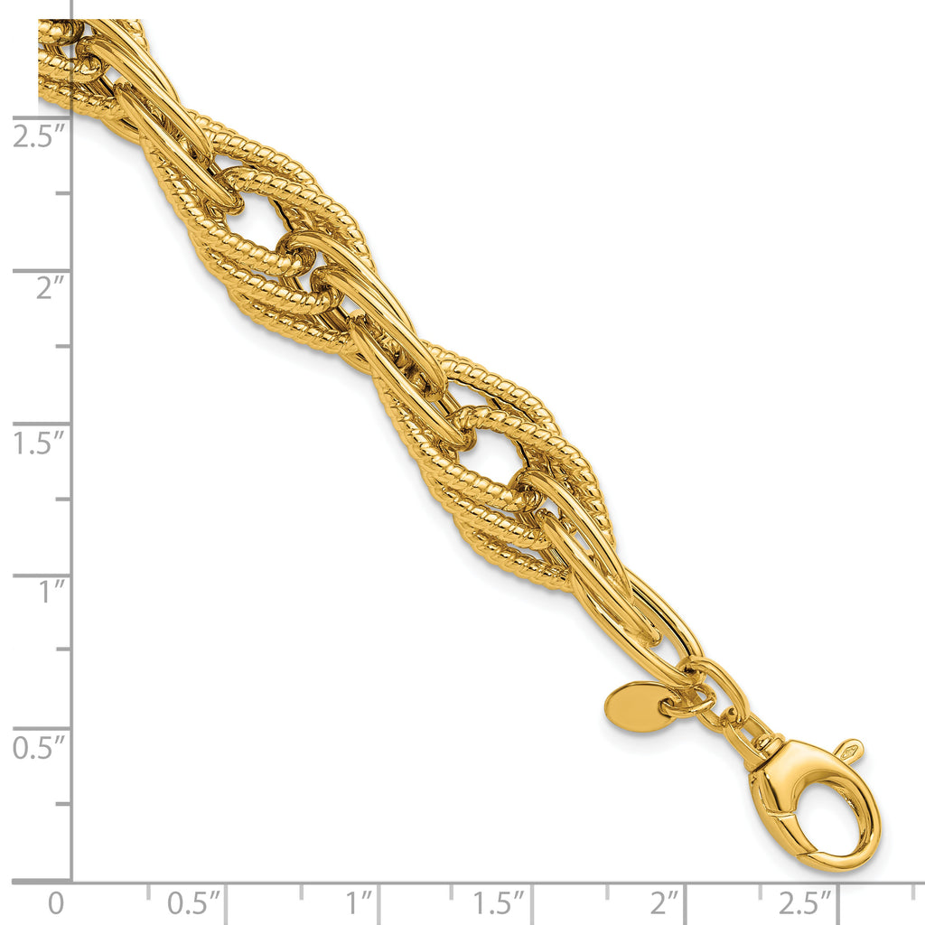 14K Polished and Textured Fancy Triple Link Bracelet