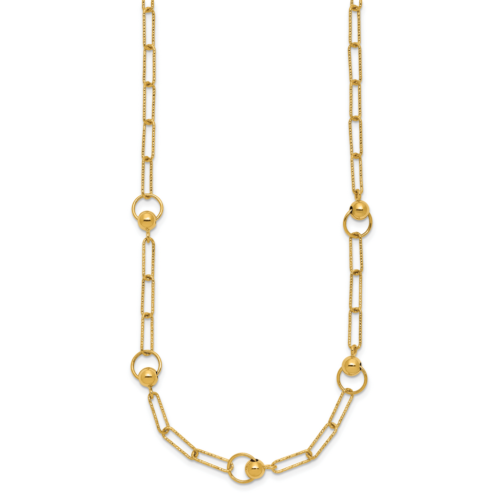 14K Polished and Dia-cut. Circle Station Paperclip Necklace
