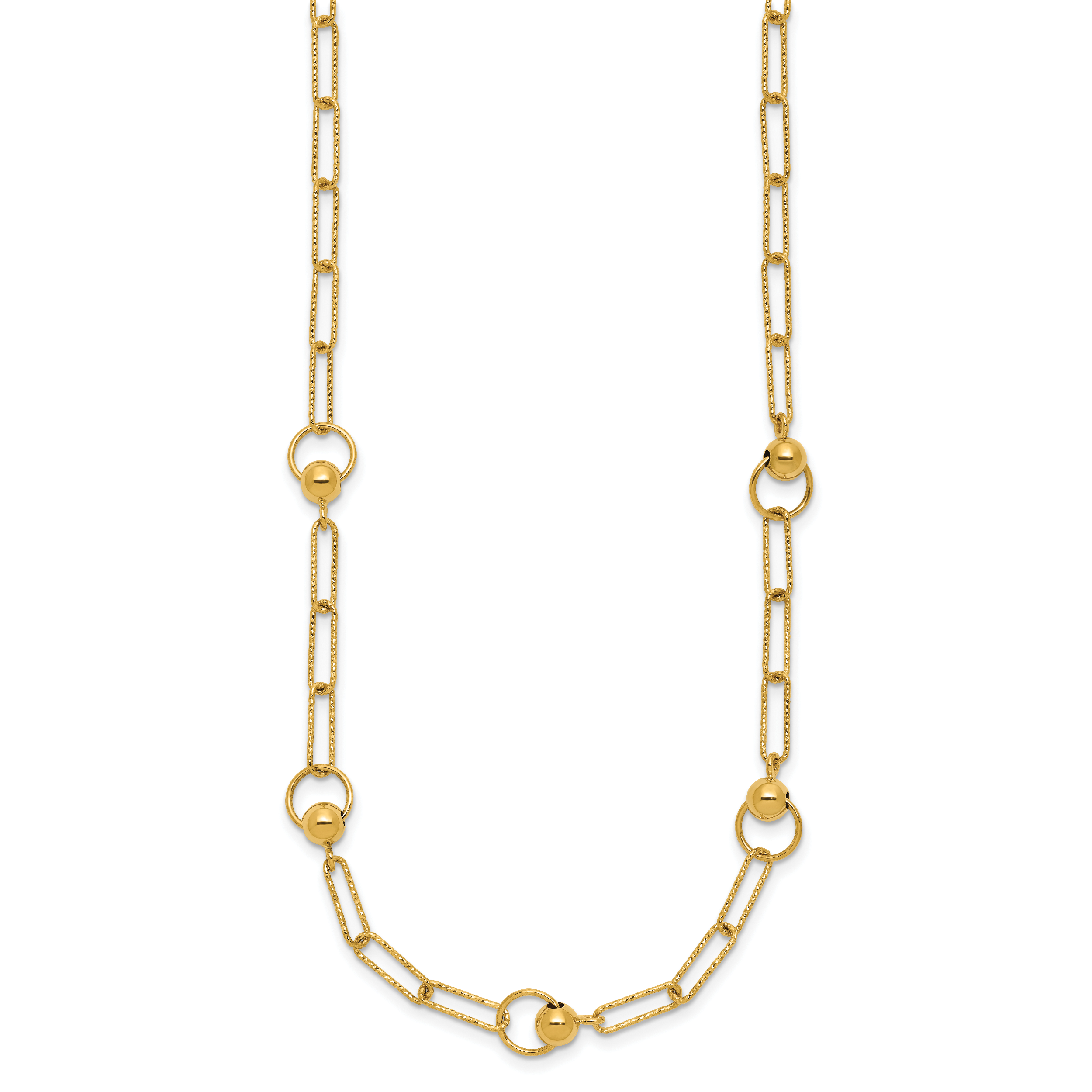 14K Polished and Dia-cut. Circle Station Paperclip Necklace