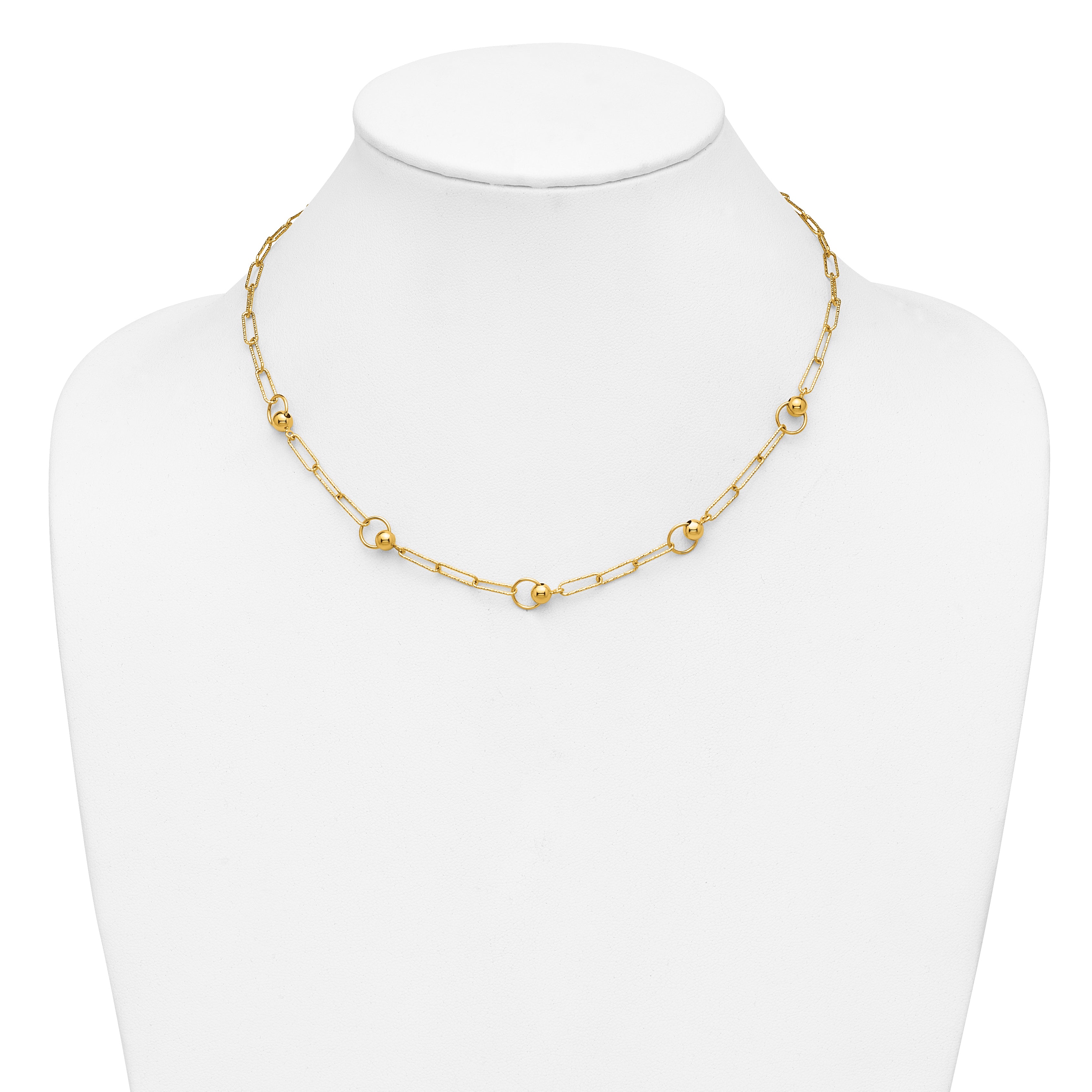 14K Polished and Dia-cut. Circle Station Paperclip Necklace