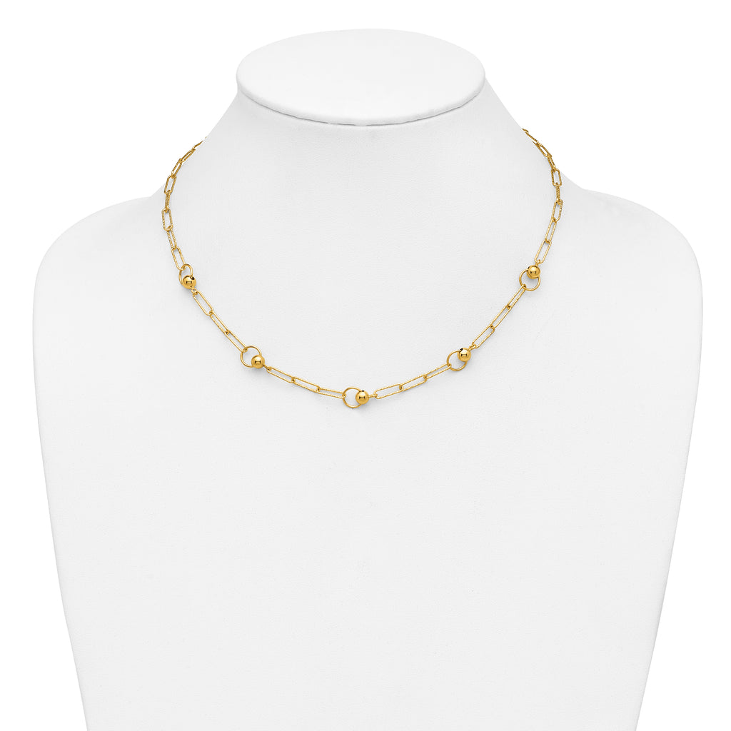 14K Polished and Dia-cut. Circle Station Paperclip Necklace