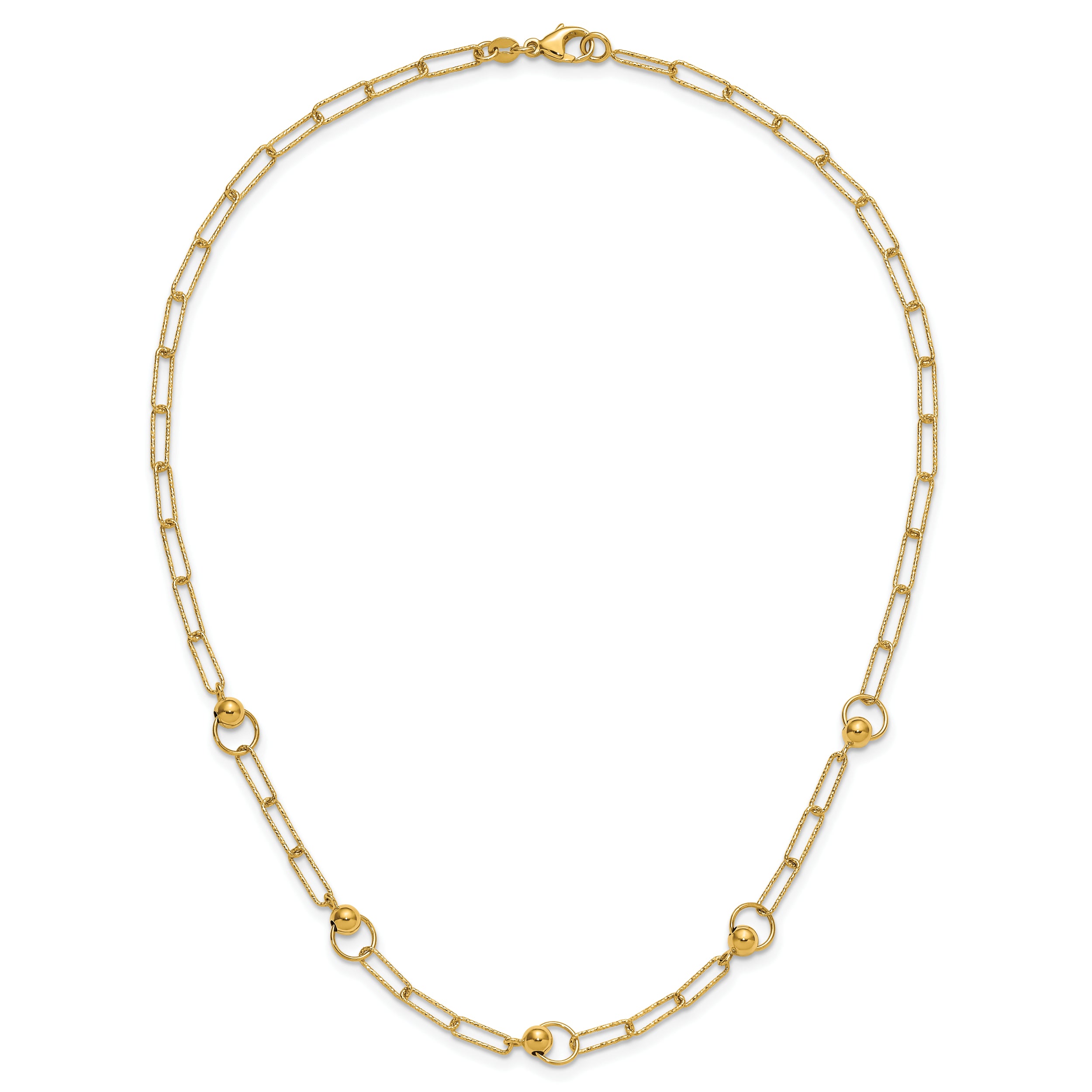 14K Polished and Dia-cut. Circle Station Paperclip Necklace
