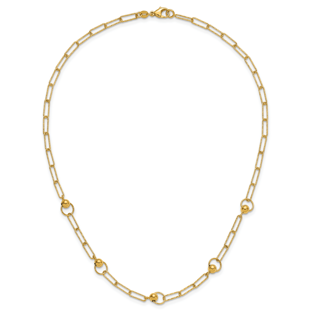 14K Polished and Dia-cut. Circle Station Paperclip Necklace