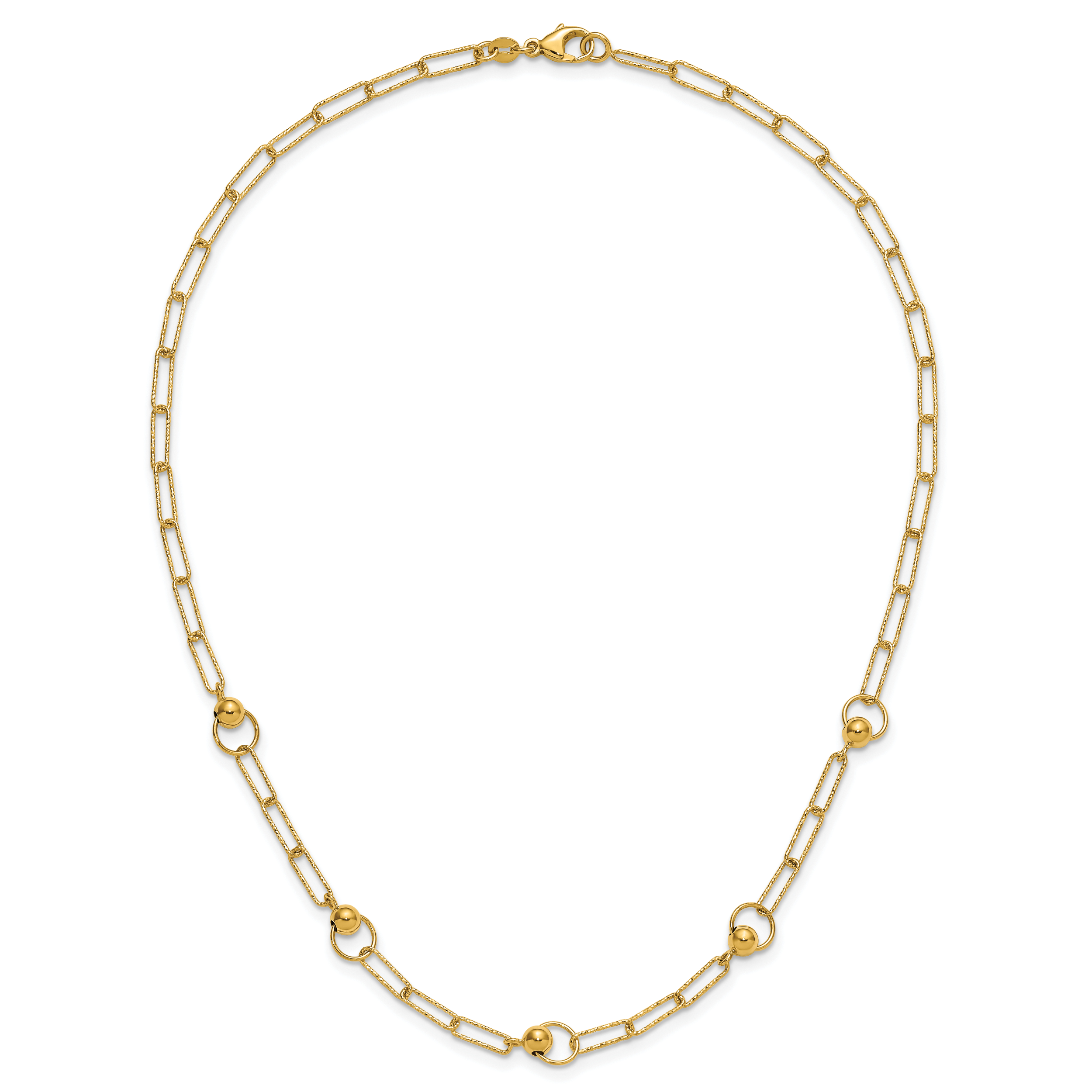 14K Polished and Dia-cut. Circle Station Paperclip Necklace