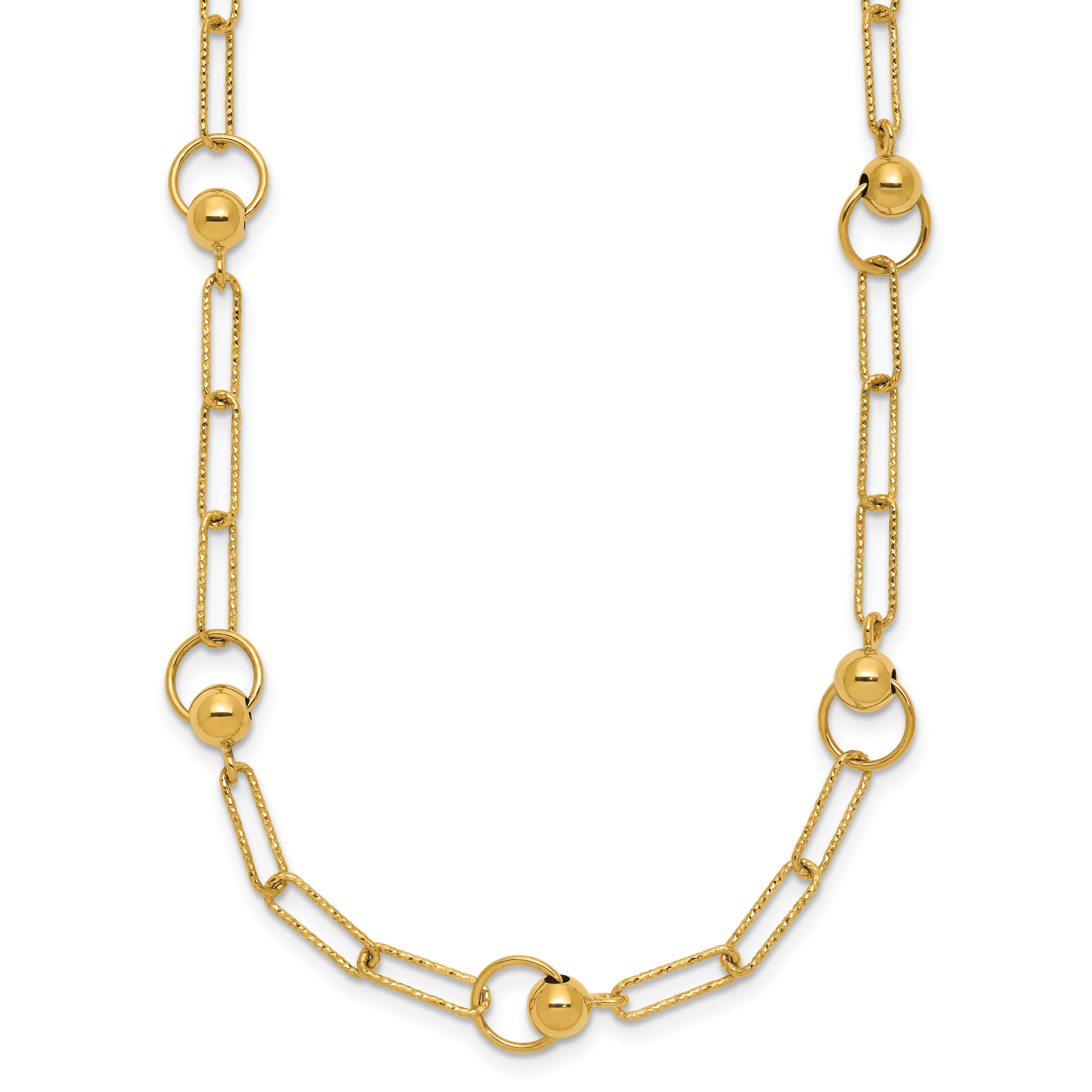 14K Polished and Dia-cut. Circle Station Paperclip Necklace