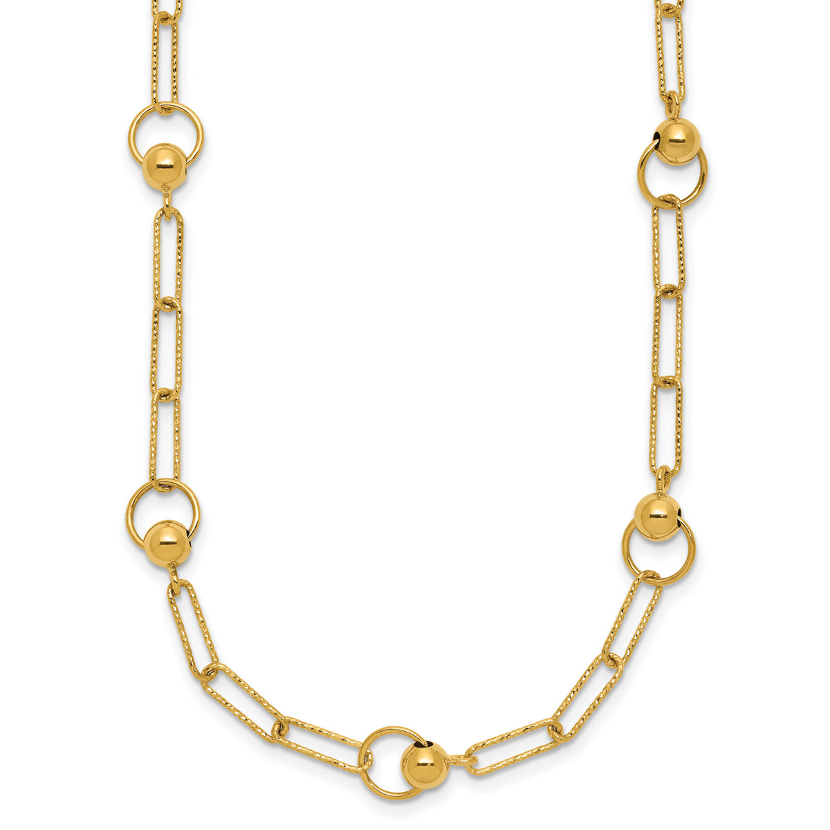 14K Polished and Dia-cut. Circle Station Paperclip Necklace