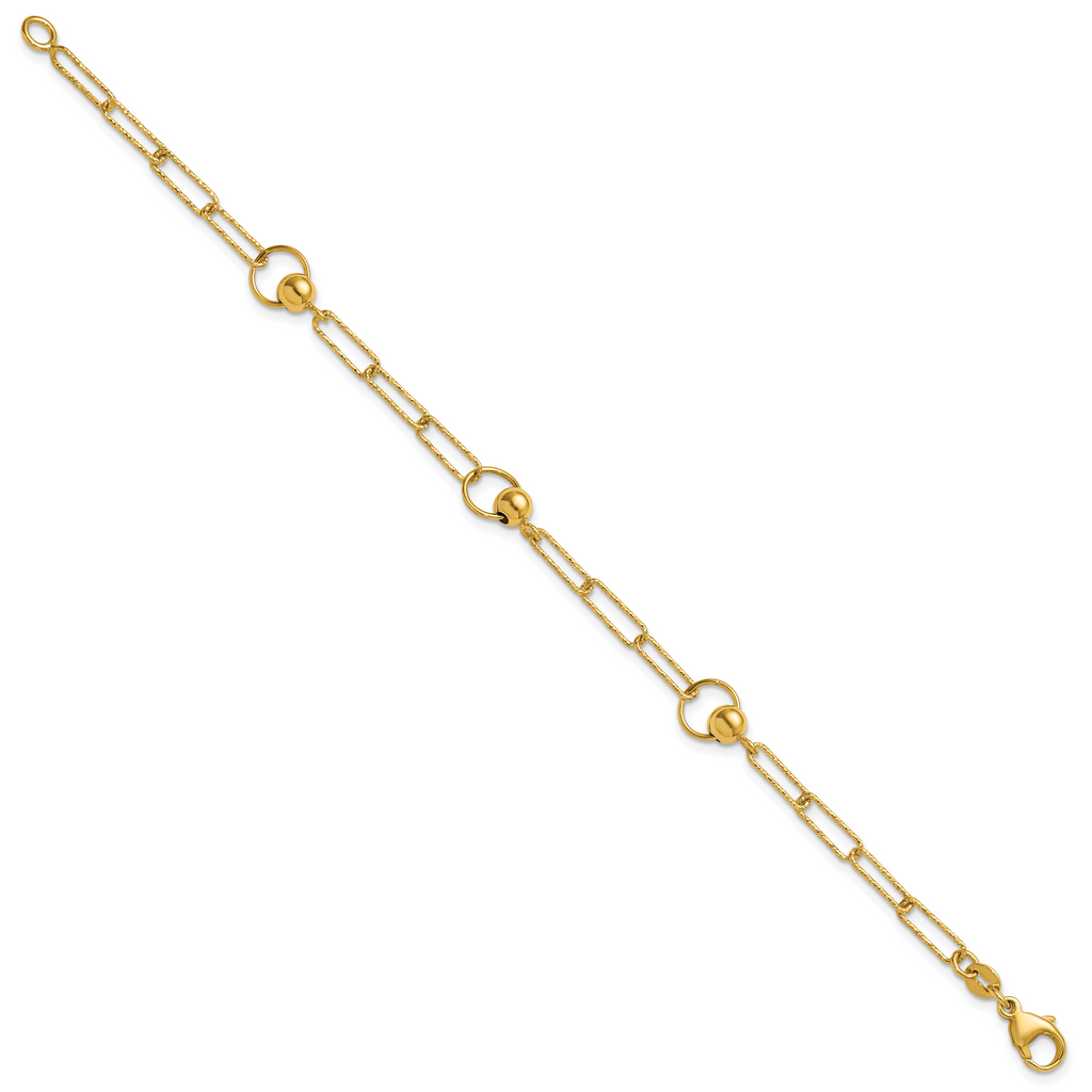 14K Polished and Dia-cut. Circle Station Paperclip Bracelet