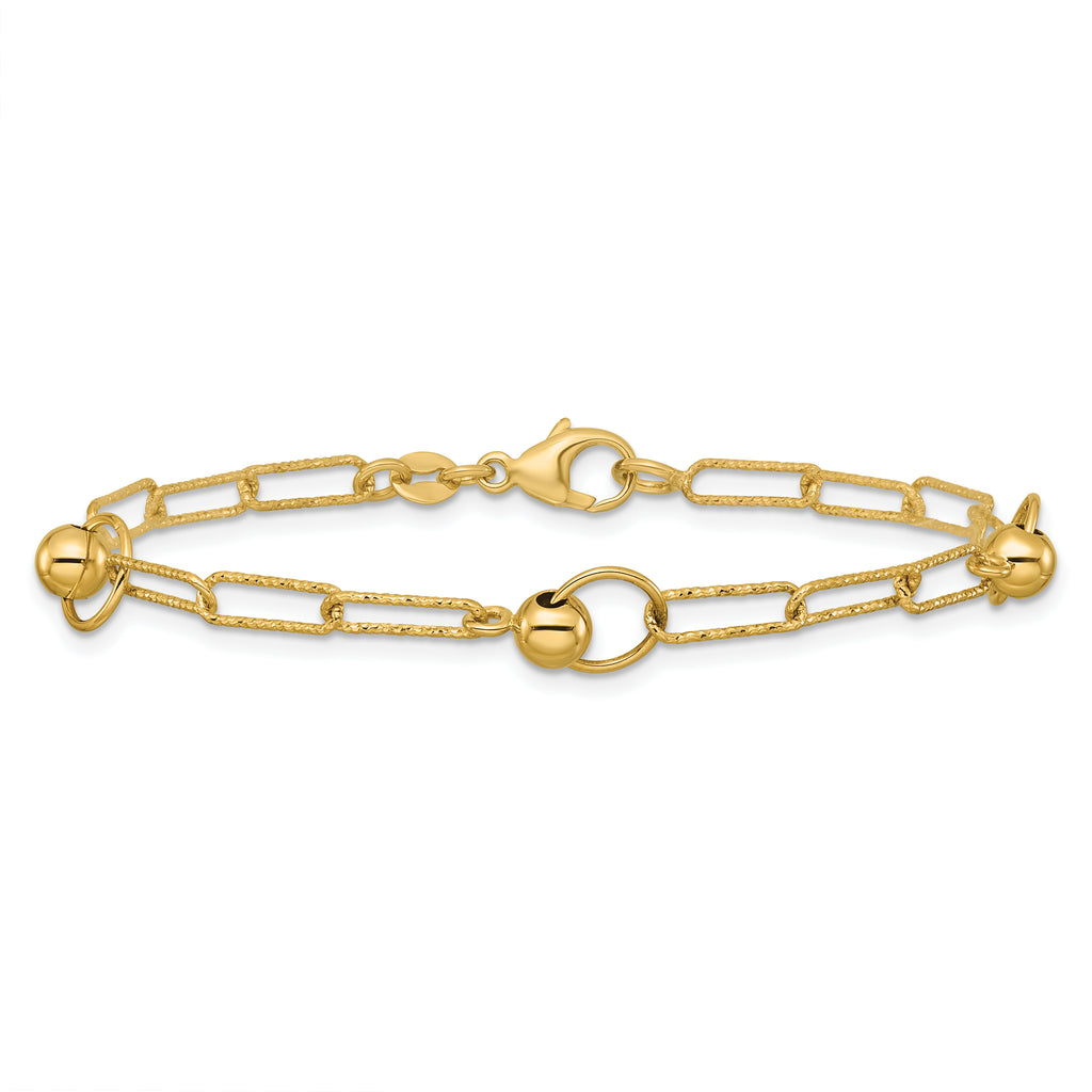 14K Polished and Dia-cut. Circle Station Paperclip Bracelet