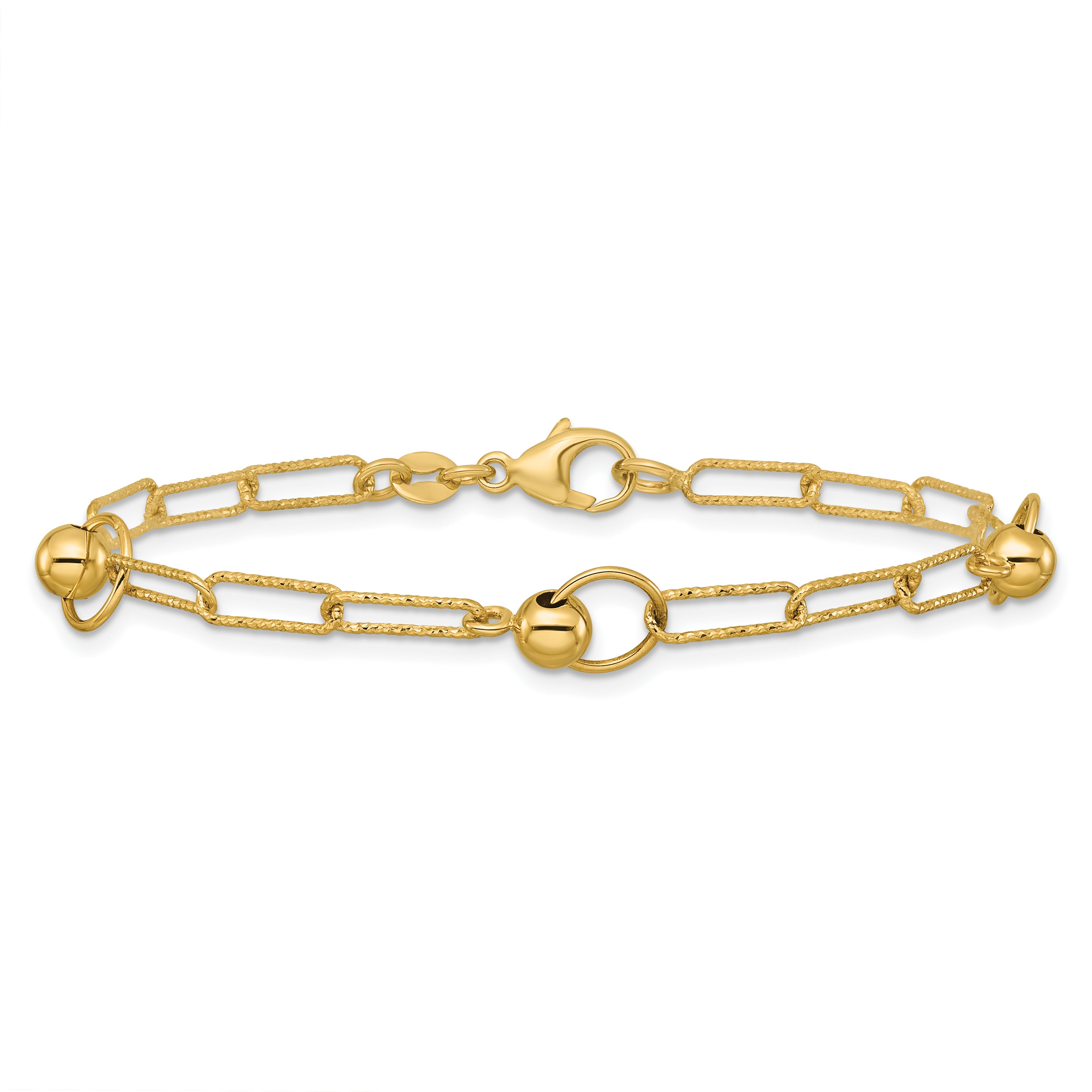 14K Polished and Dia-cut. Circle Station Paperclip Bracelet