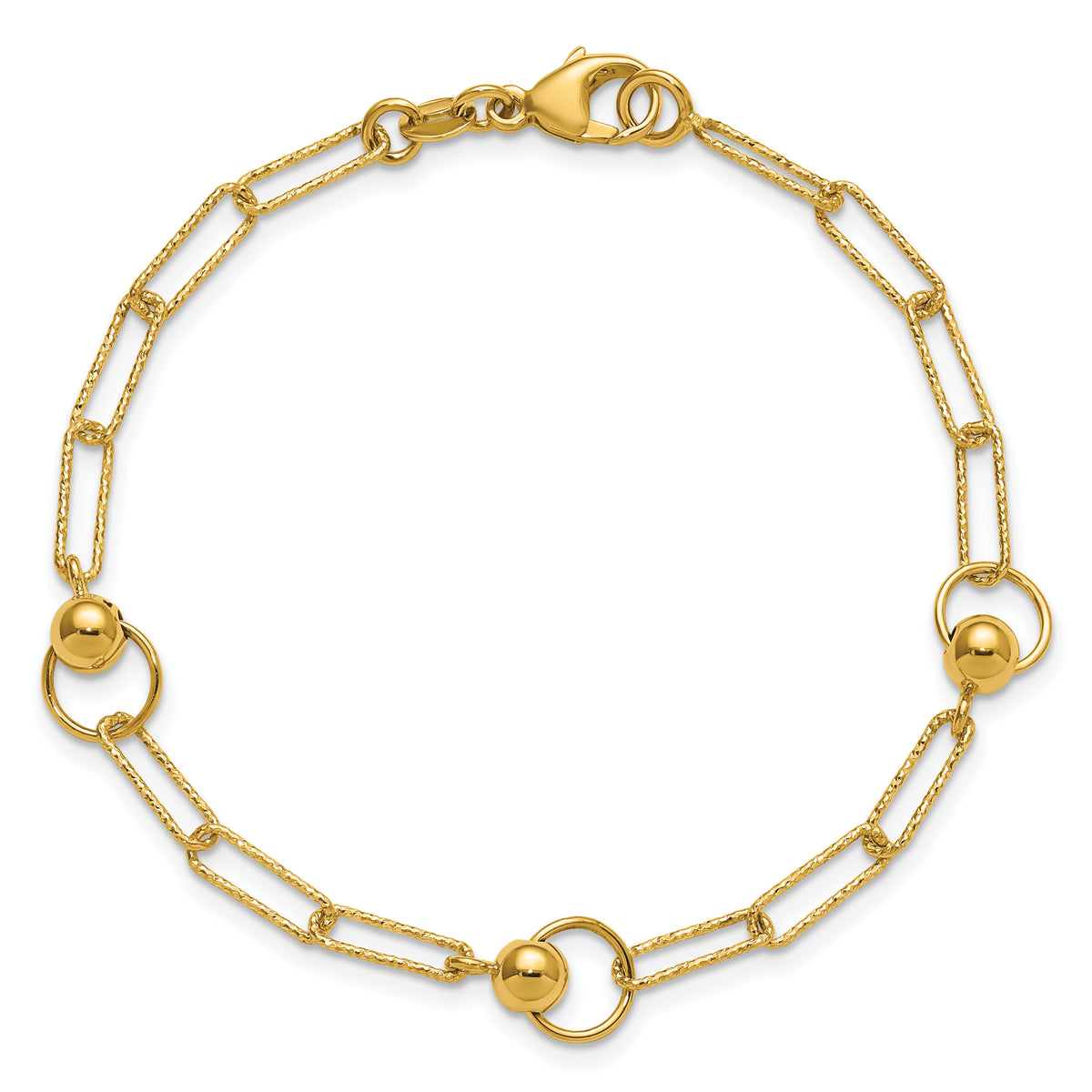 14K Polished and Dia-cut. Circle Station Paperclip Bracelet