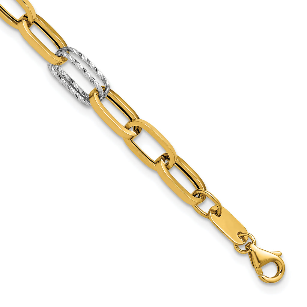 14K Two-tone Polished / Dia-cut Fancy Link w/.5in ext. Bracelet