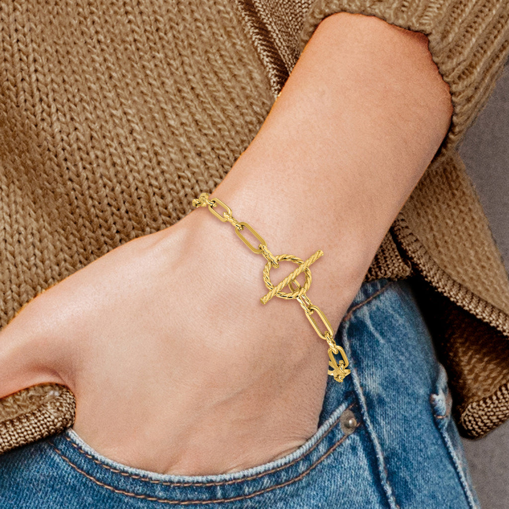 14K Polished and Twisted Fancy Link Toggle Bracelet