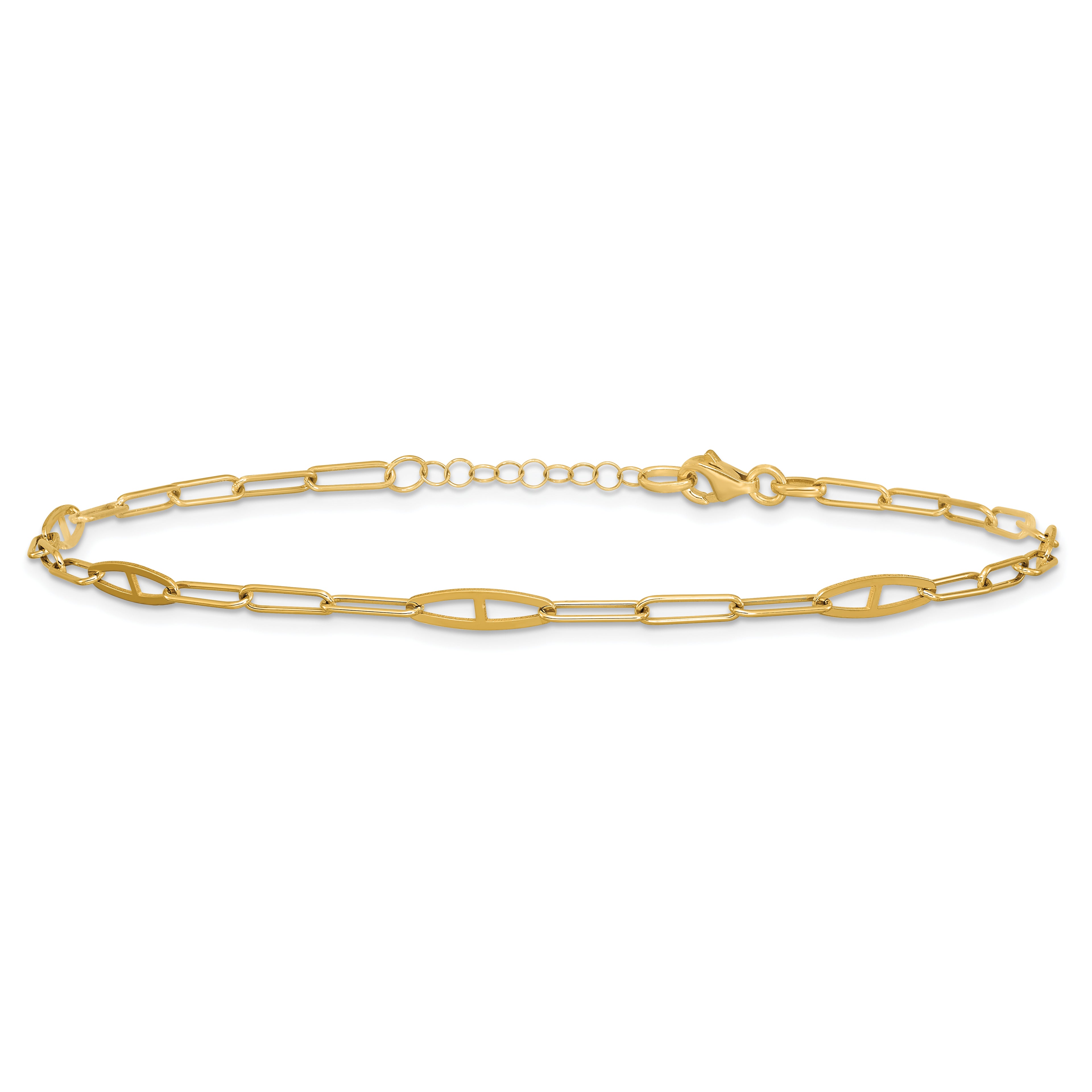 14K Fancy Paperclip Link 9 inch Plus 1 inch Extender - Total 10 inch Anklet
