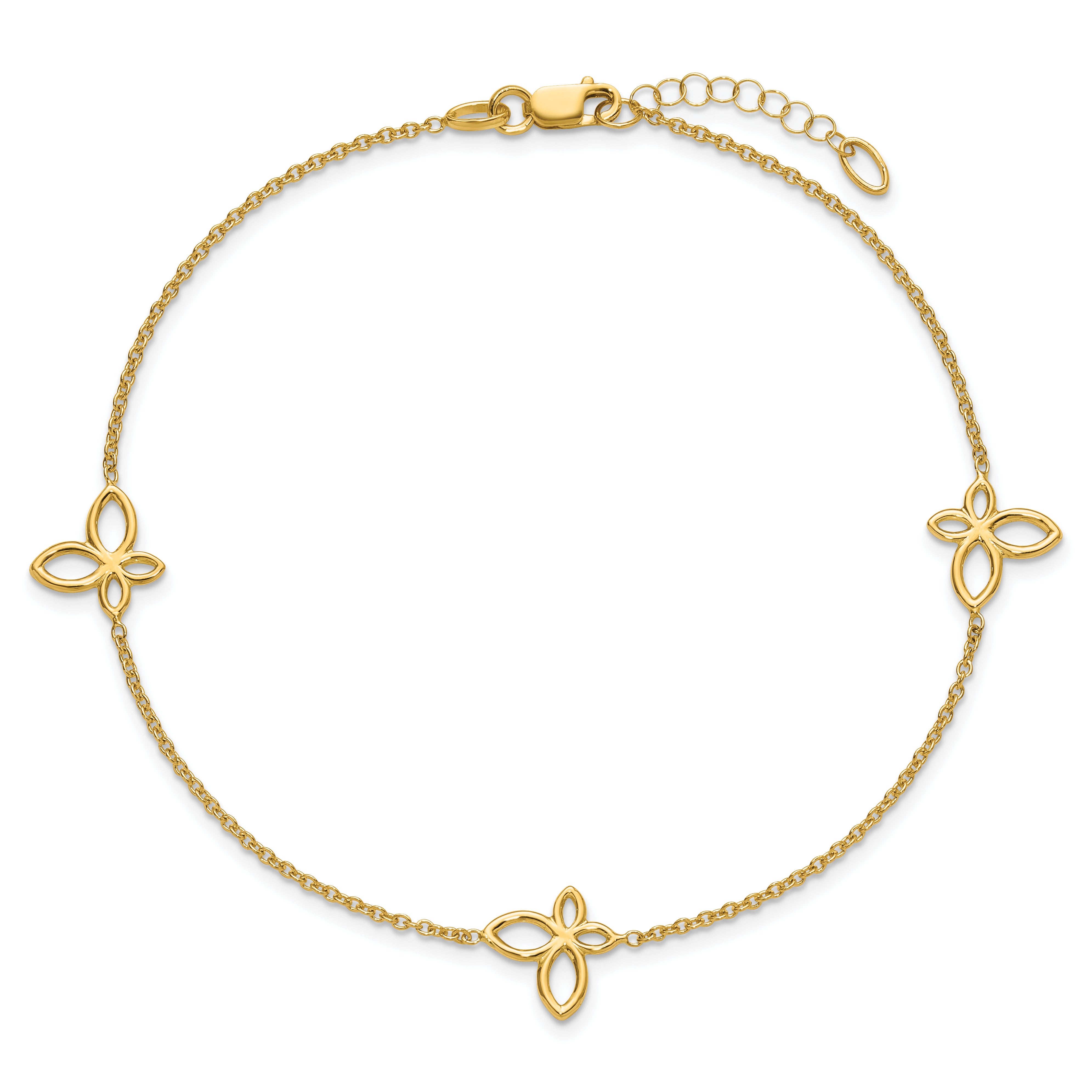 14K Open Butterfly 3-Station 9 inch Plus 1 inch Extender - Total 10 inch Anklet