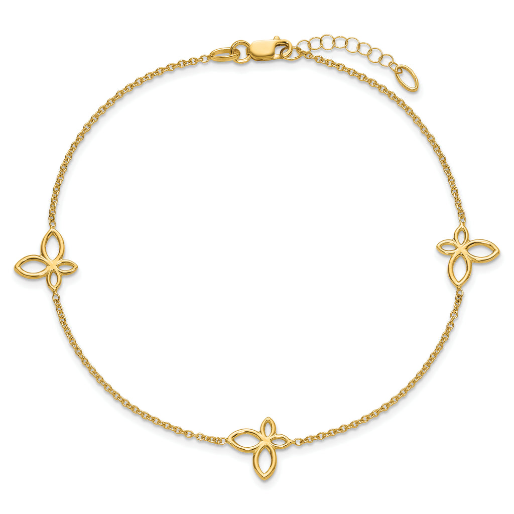 14K Open Butterfly 3-Station 9 inch Plus 1 inch Extender - Total 10 inch Anklet