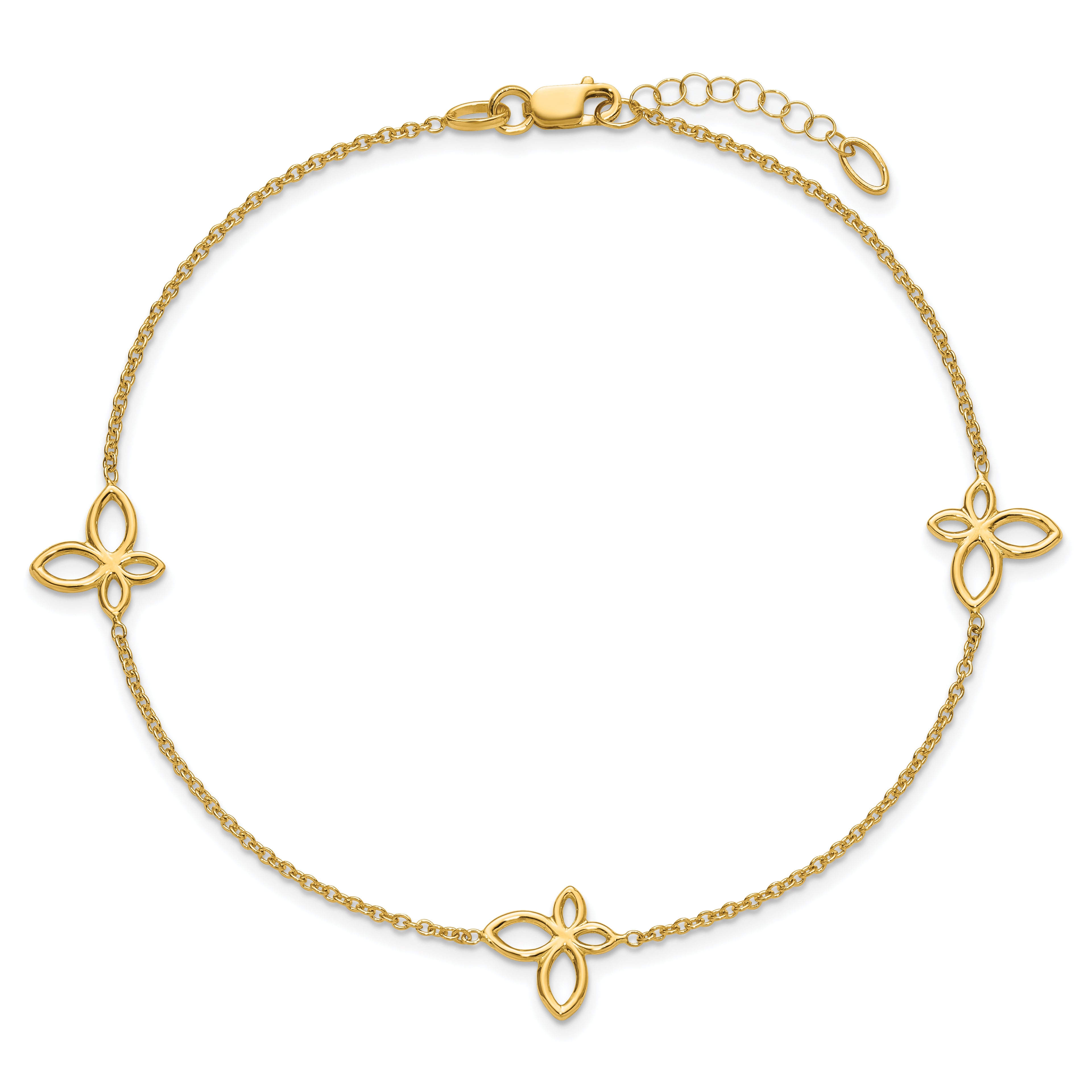 14K Open Butterfly 3-Station 9 inch Plus 1 inch Extender - Total 10 inch Anklet