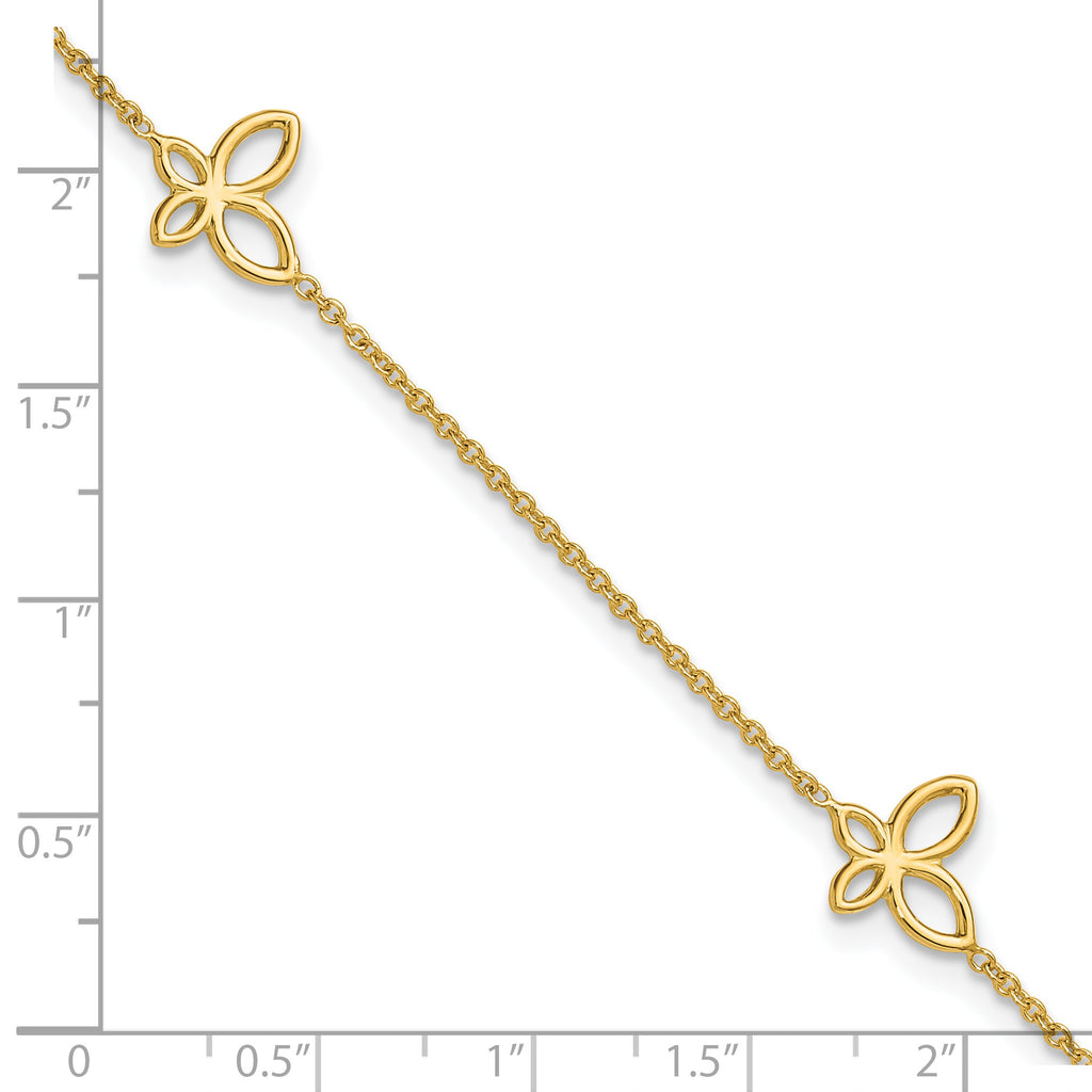 14K Open Butterfly 3-Station 9 inch Plus 1 inch Extender - Total 10 inch Anklet