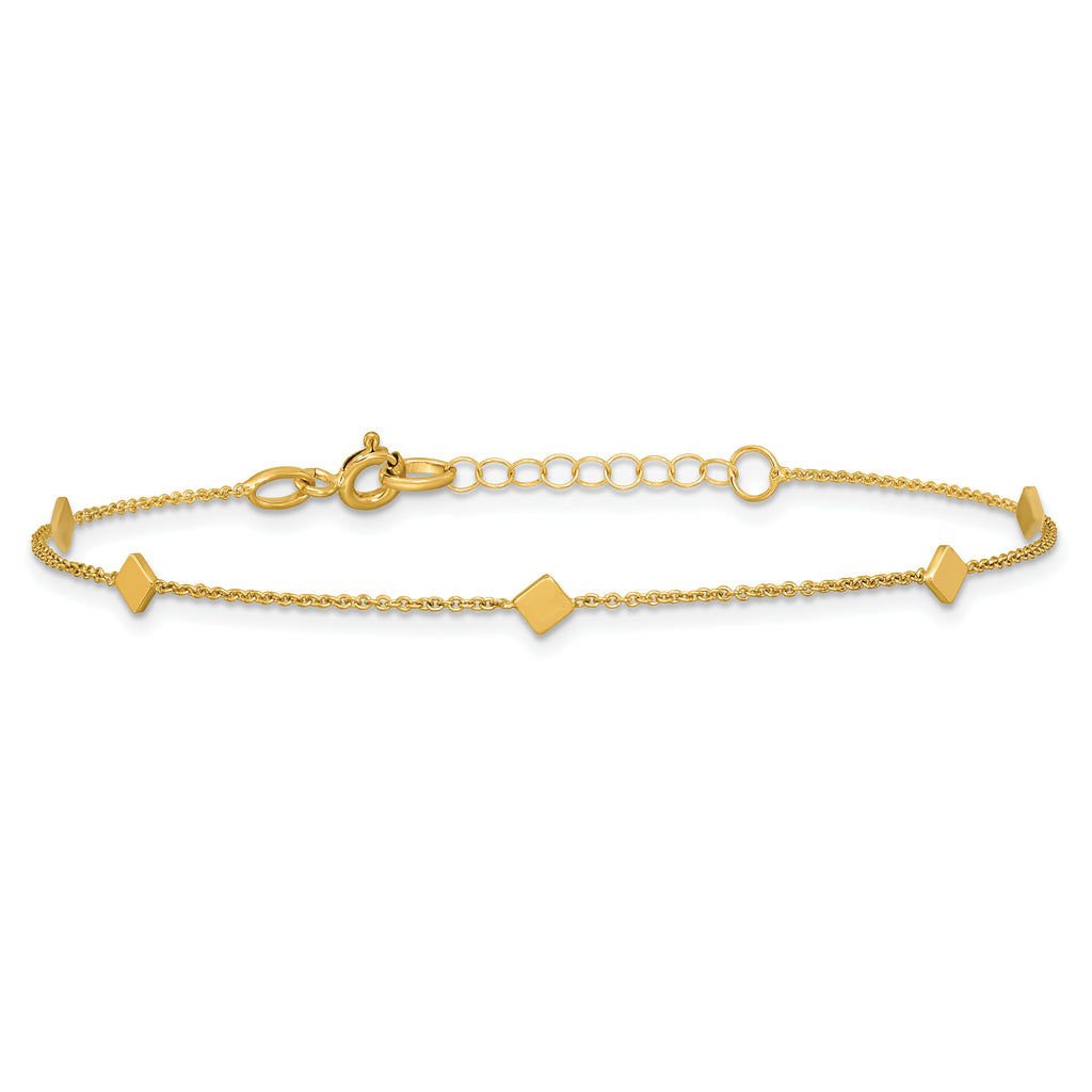 14K Polished Diamond-shaped Disk Station w/1in ext. Bracelet