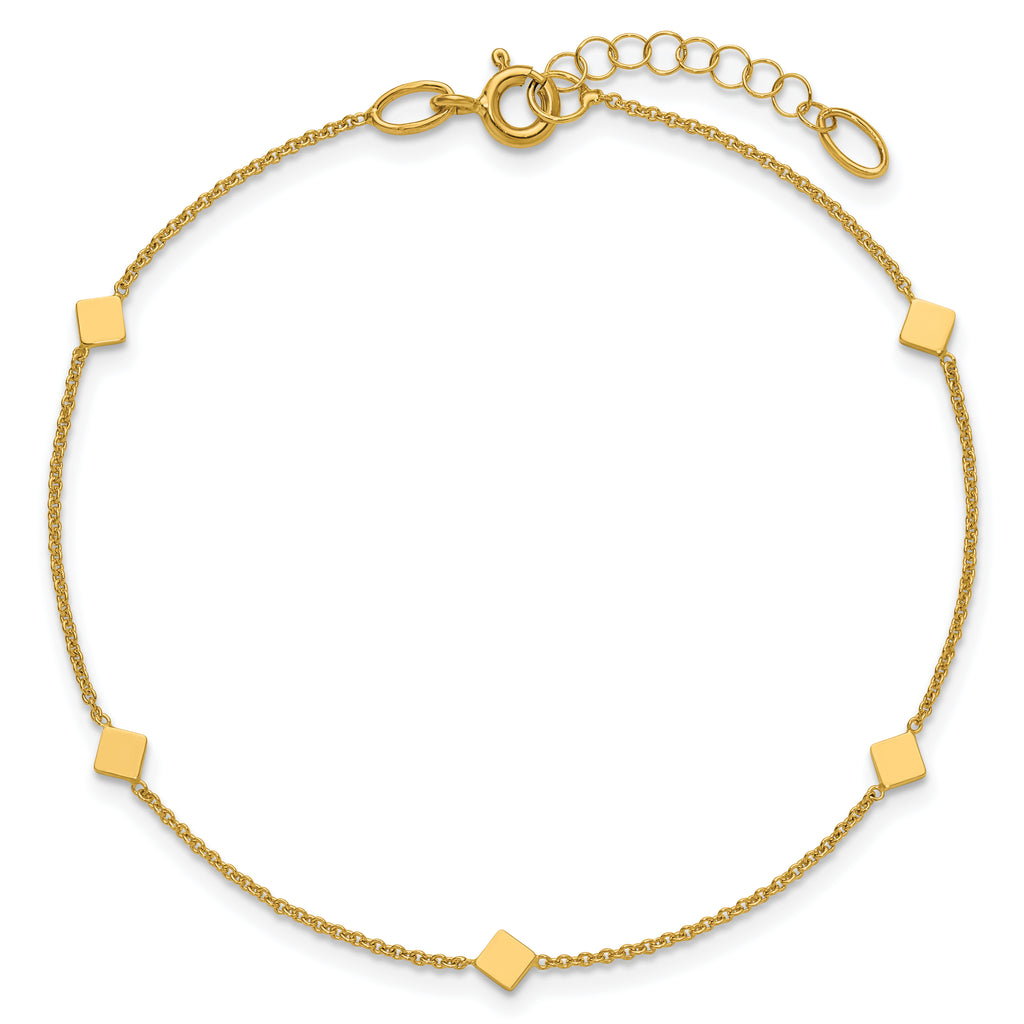 14K Polished Diamond-shaped Disk Station w/1in ext. Bracelet