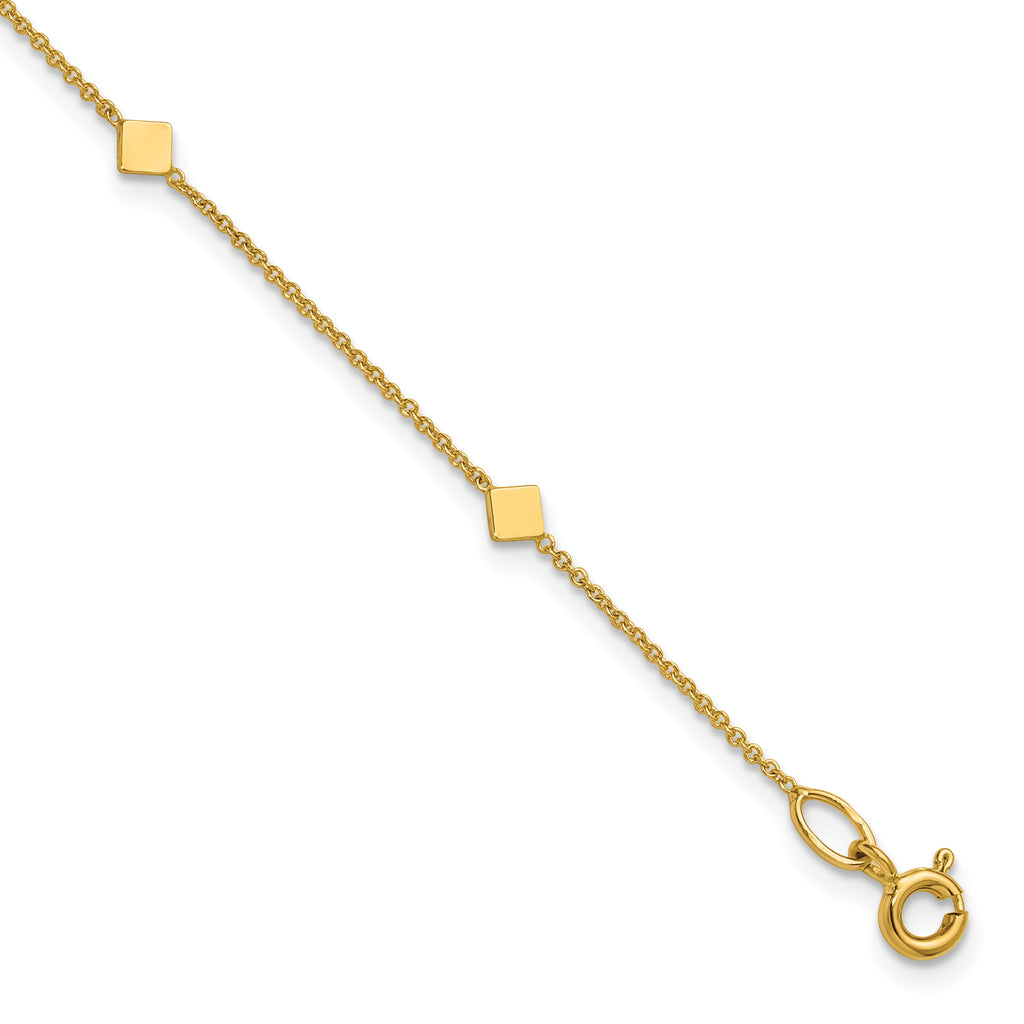 14K Polished Diamond-shaped Disk Station w/1in ext. Bracelet